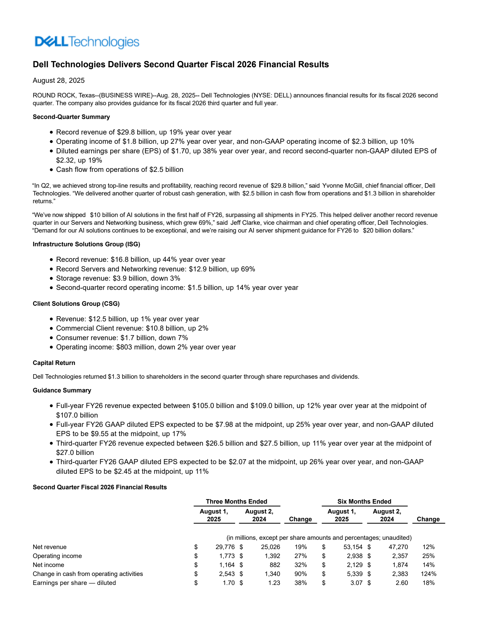 Dell Technologies' Q2 2026 Press Release