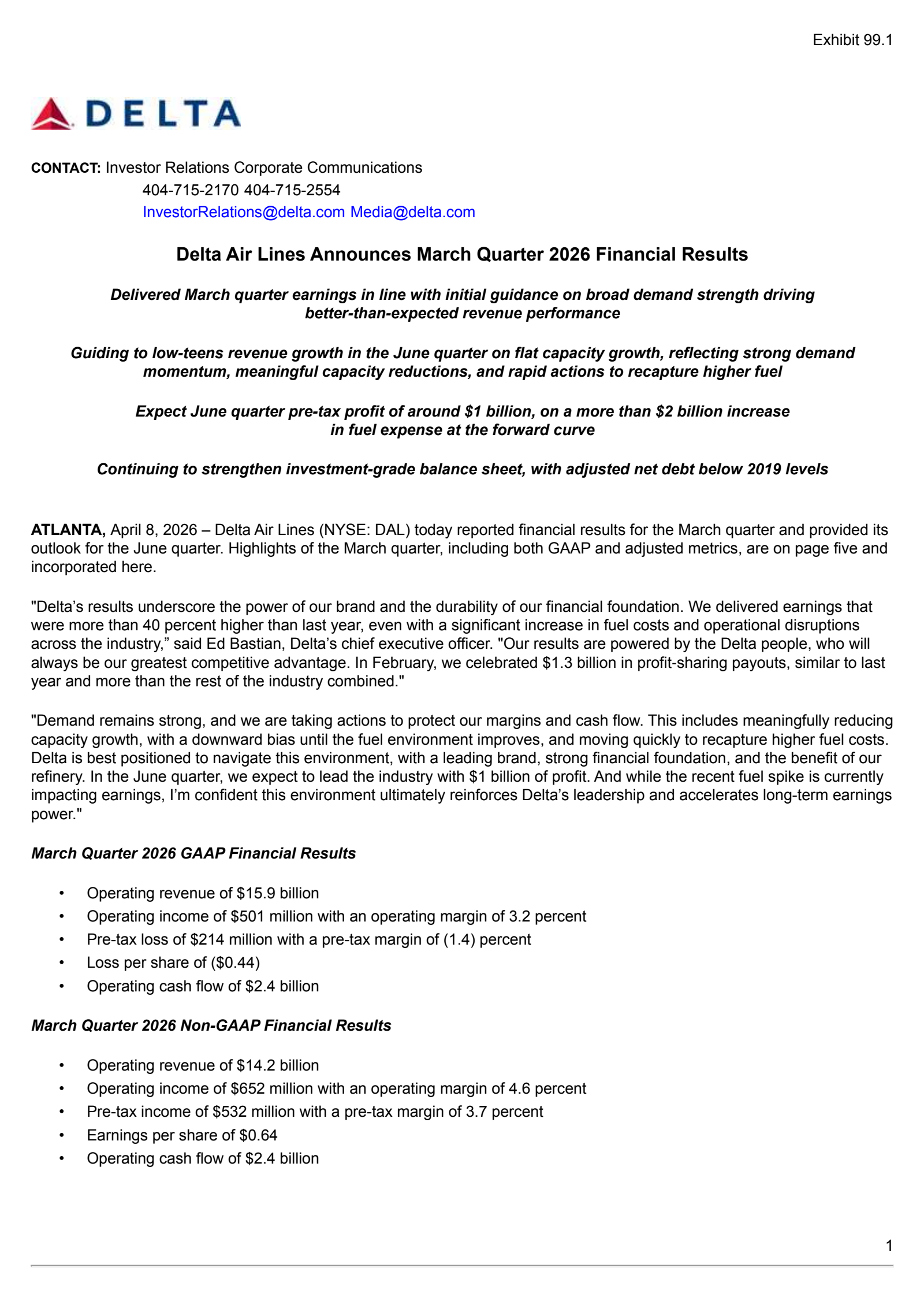 Delta Air Lines' Q1 2026 Press Release