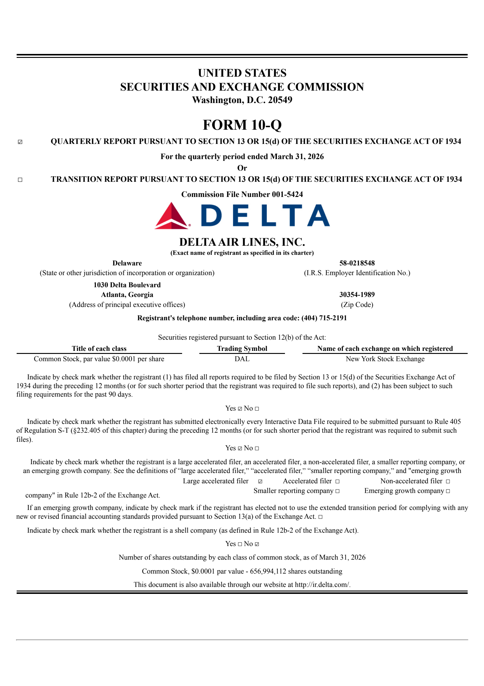 Delta Air Lines' Q1 2026 Quarterly report
