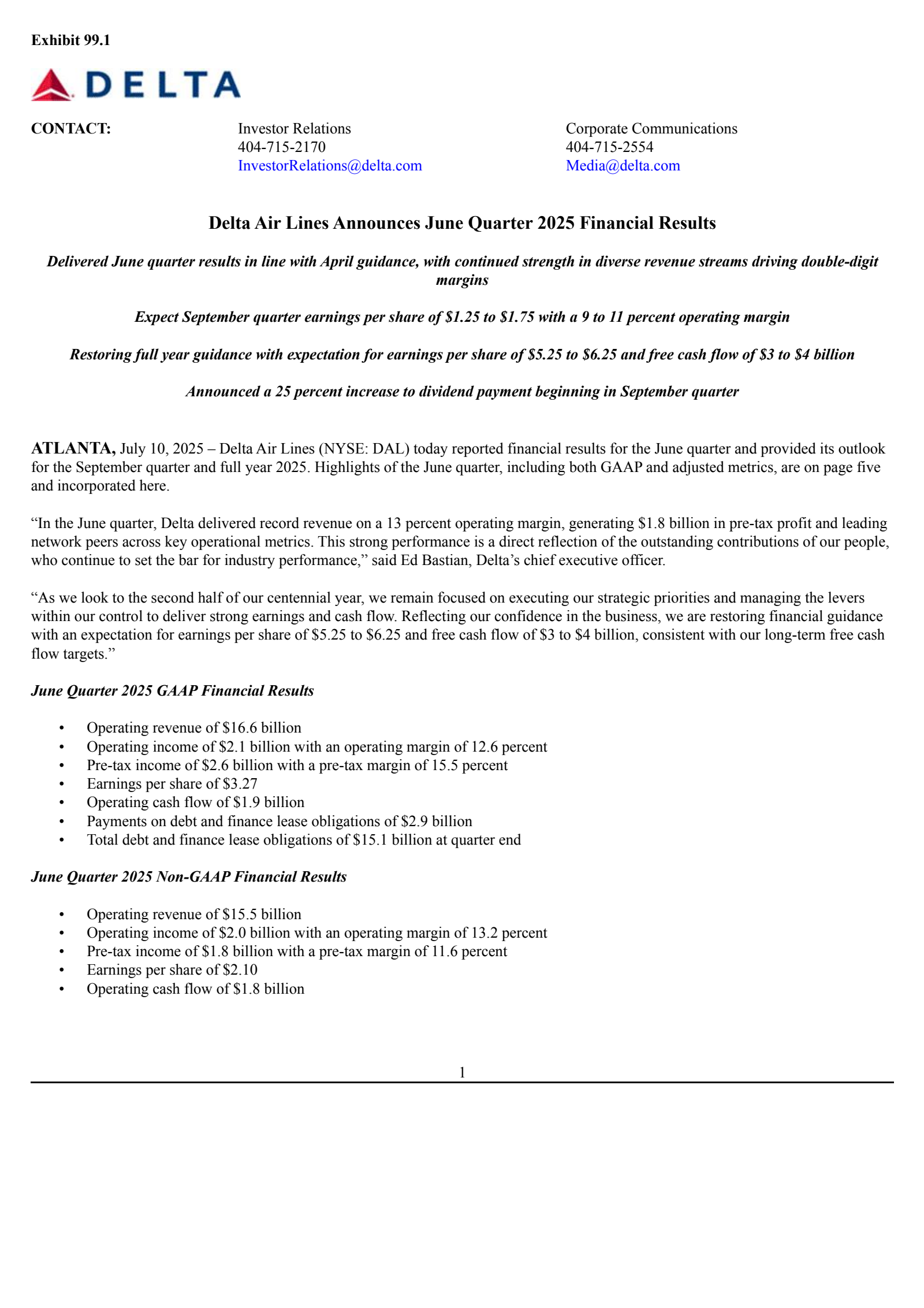 Delta Air Lines' Q2 2025 Press Release