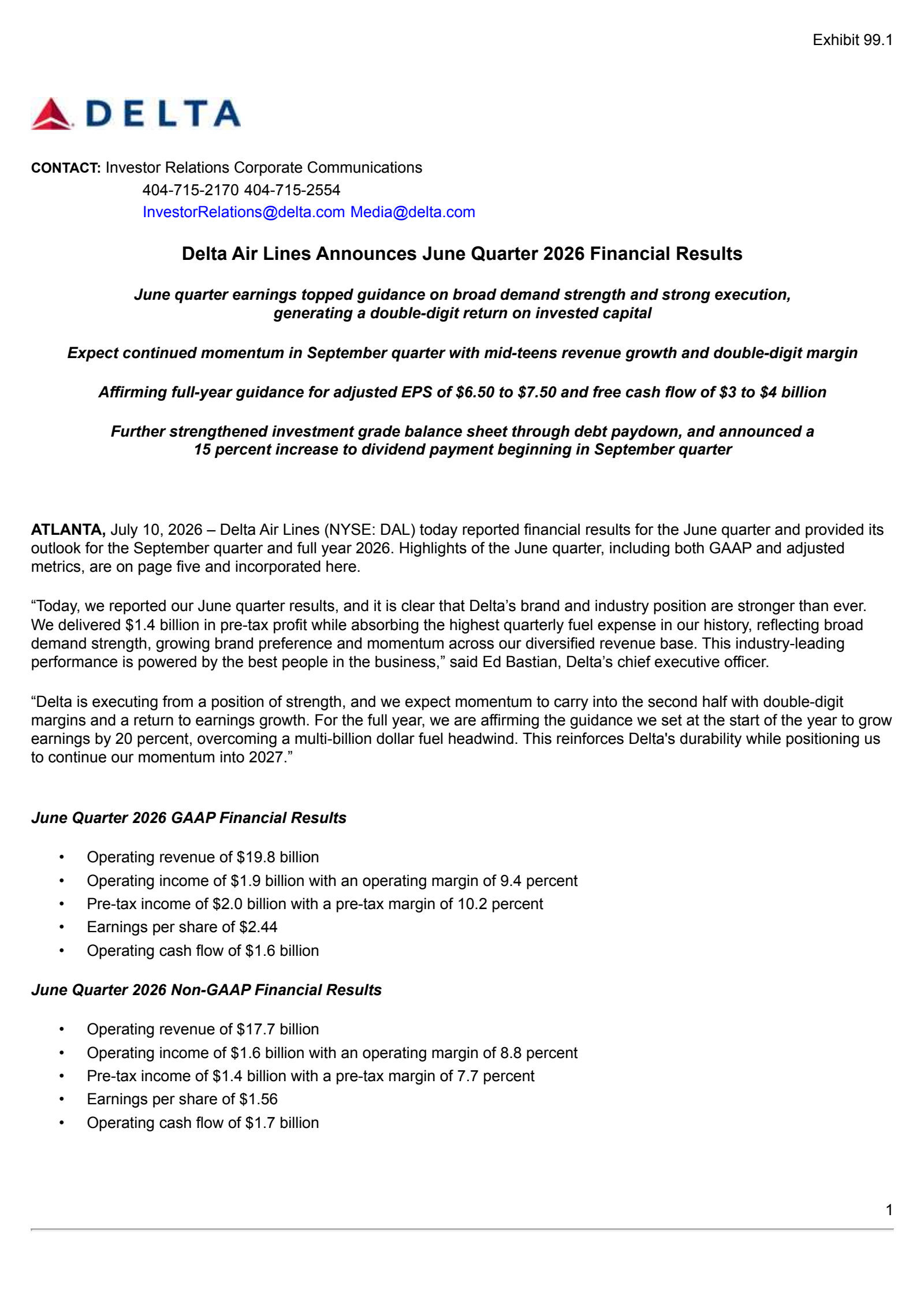Delta Air Lines' Q2 2026 Press Release