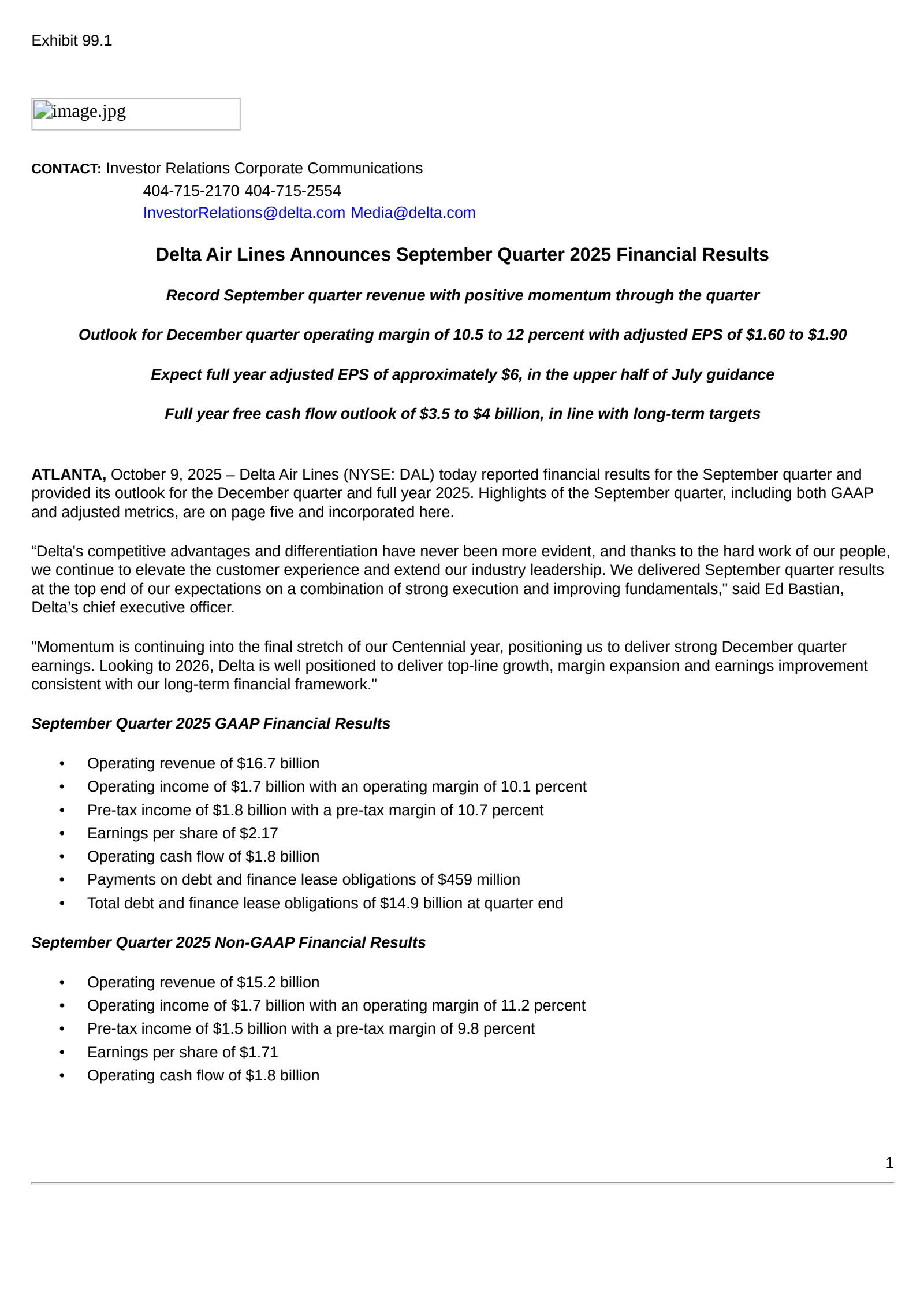 Delta Air Lines' Q3 2025 Earnings Release