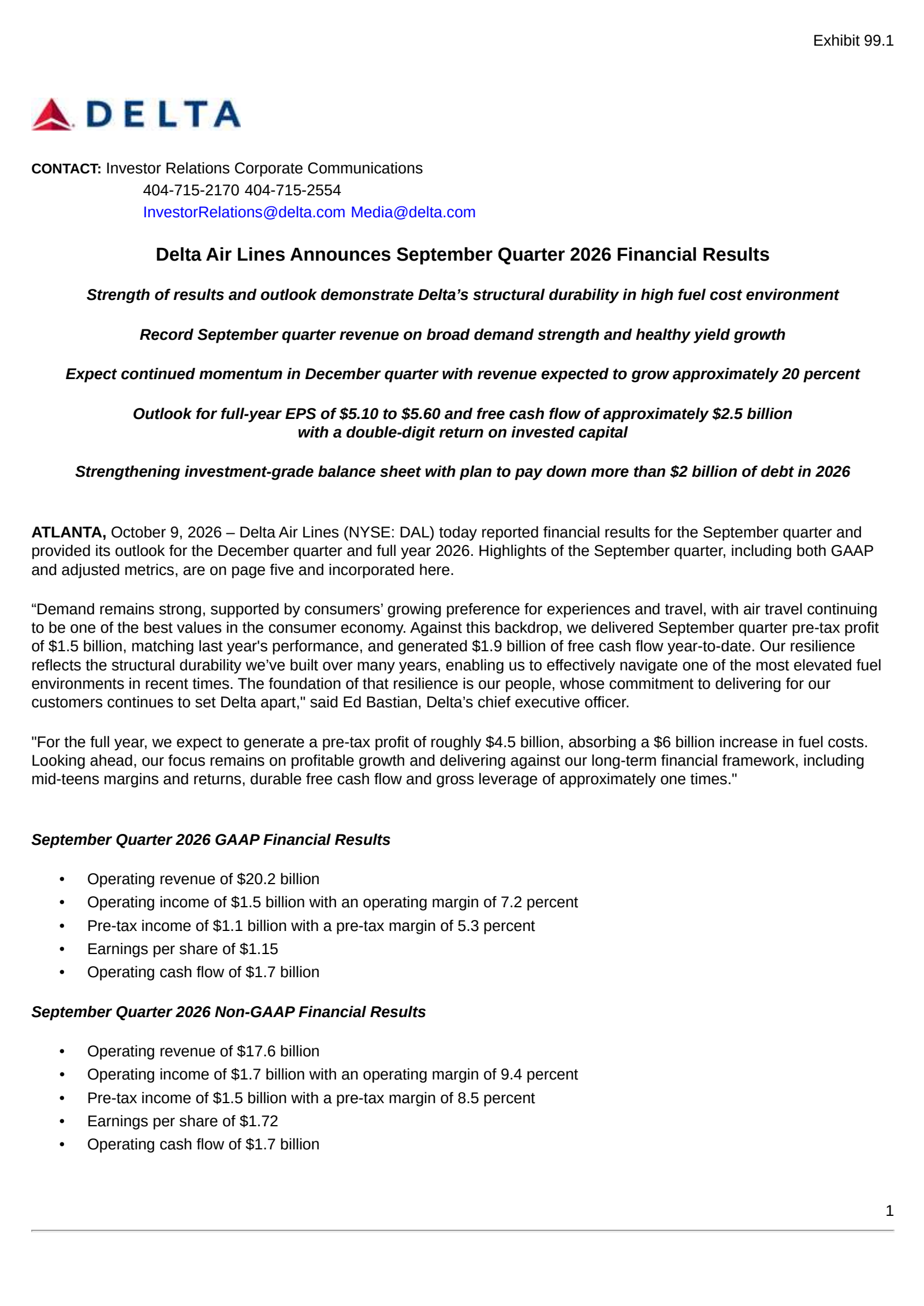 Delta Air Lines' Q3 2026 Press Release