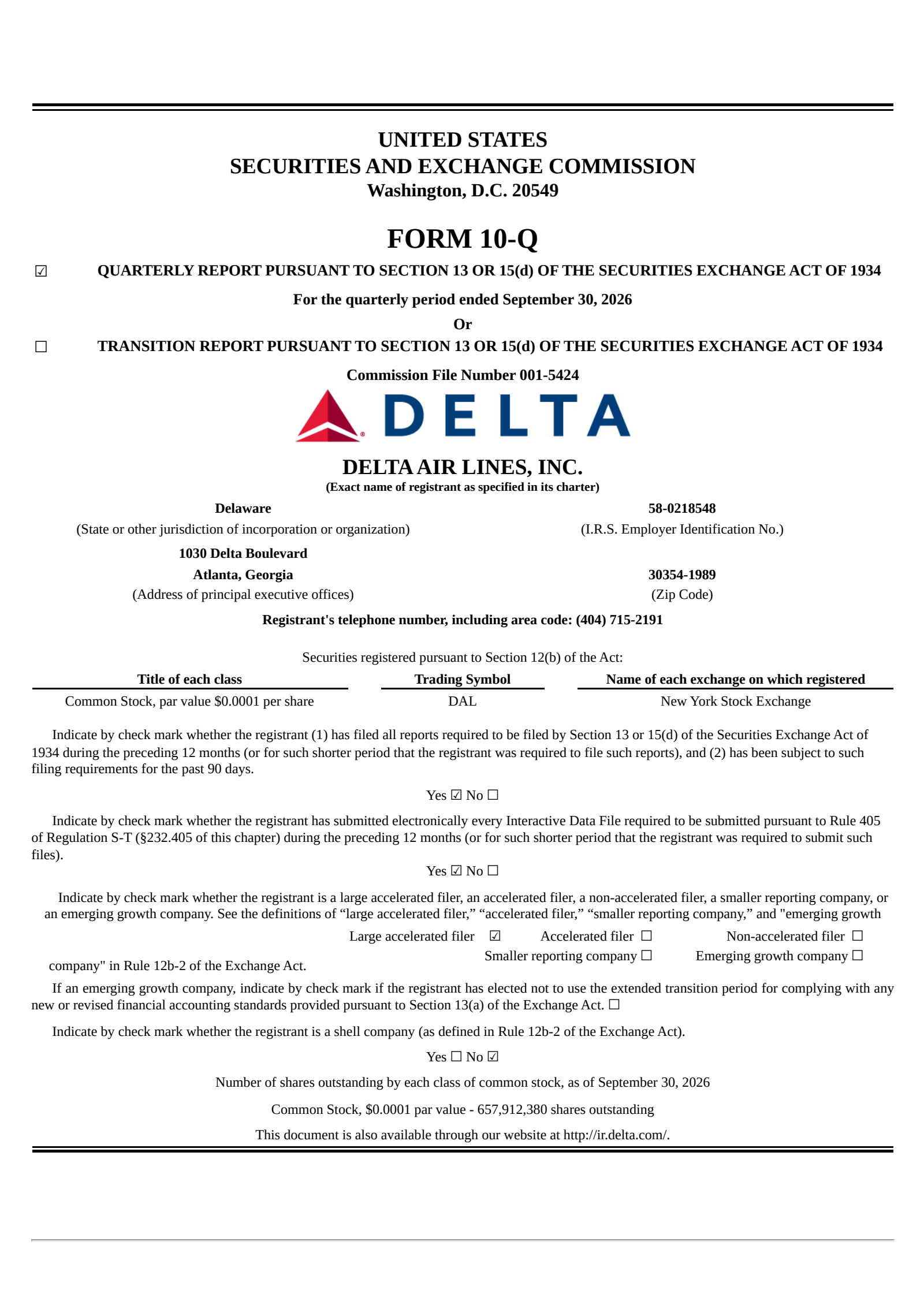 Delta Air Lines' Q3 2026 Quarterly report