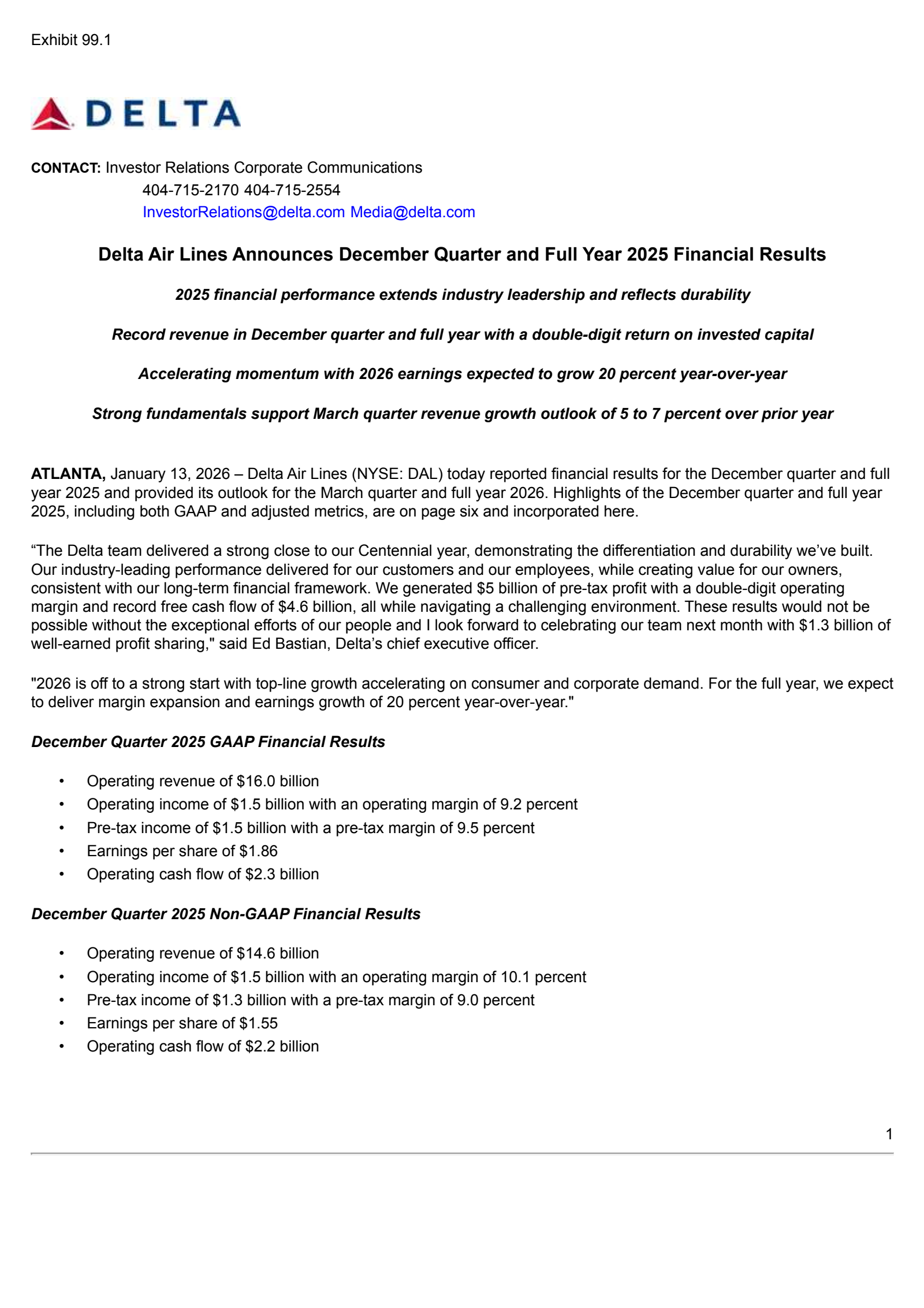 Delta Air Lines' Q4 2025 Press Release
