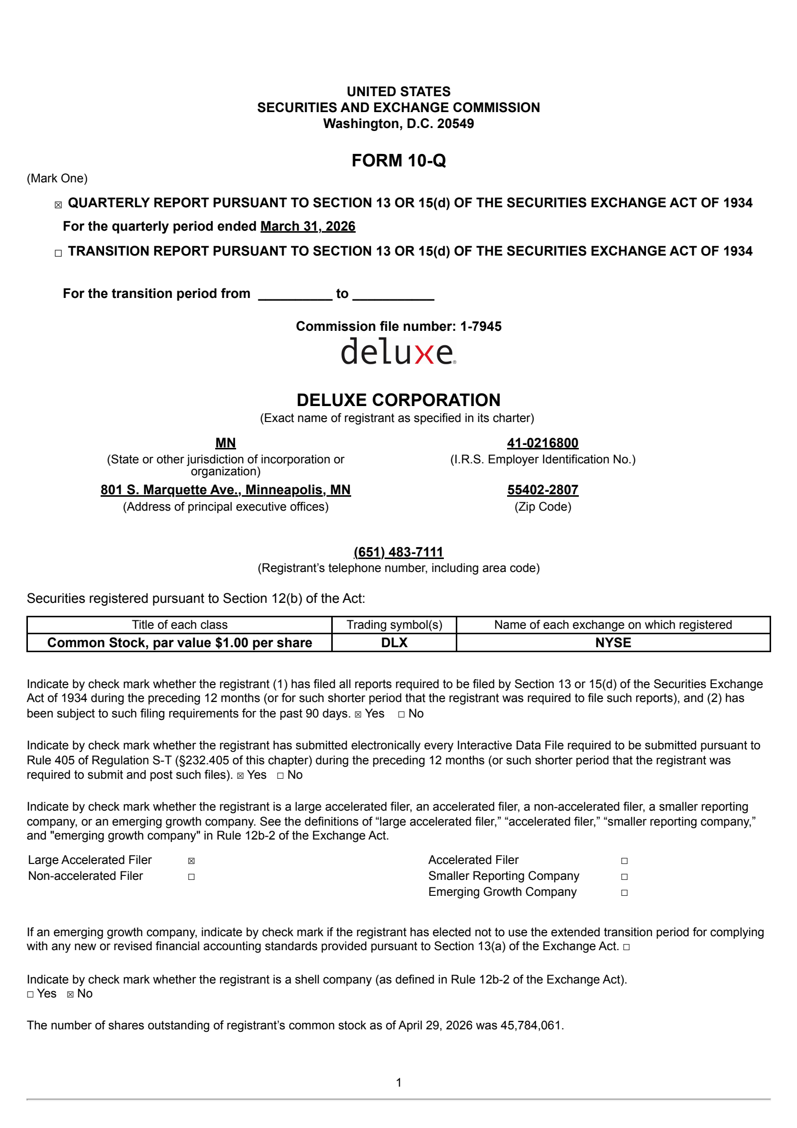 Deluxe's Q1 2026 Quarterly report
