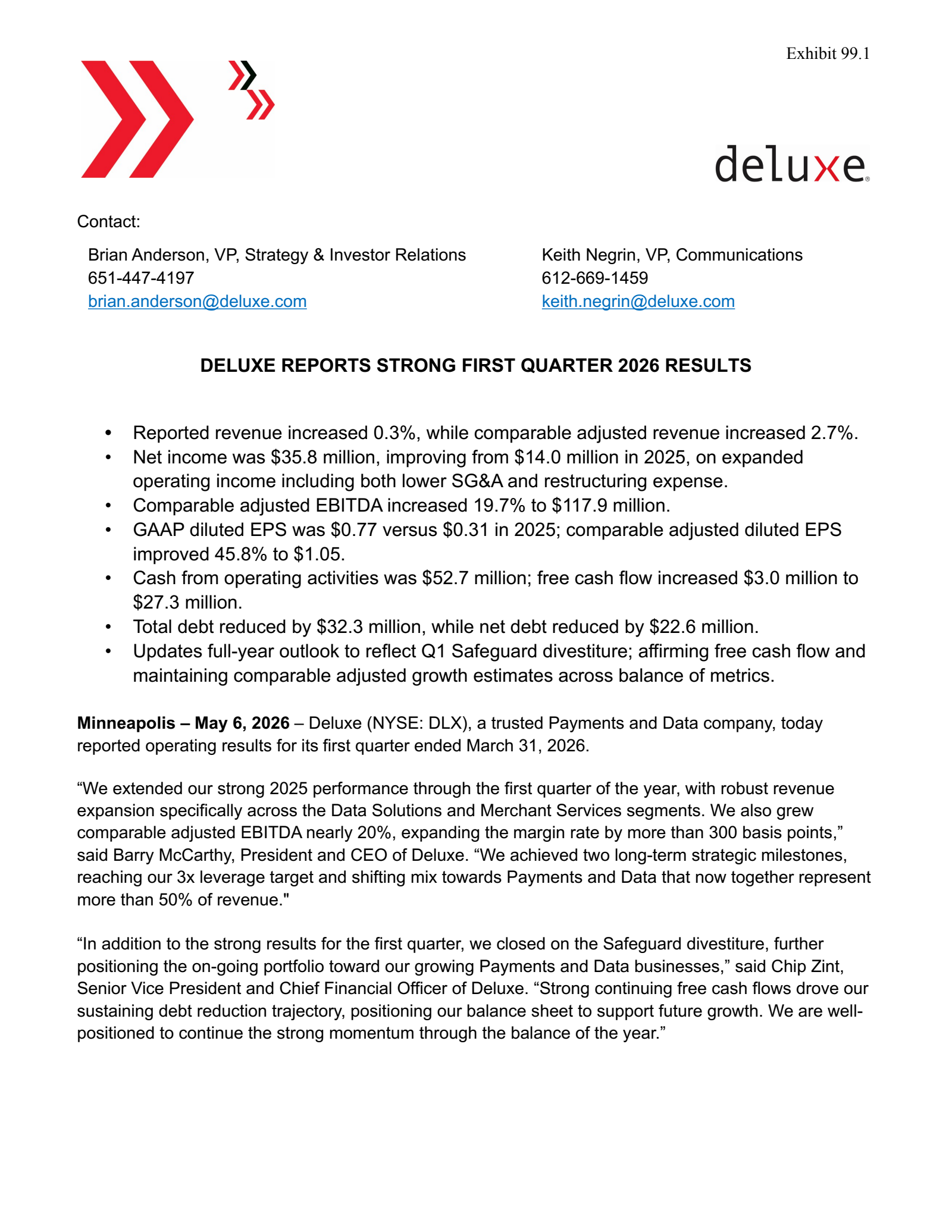 Deluxe's Q1 2026 Press Release