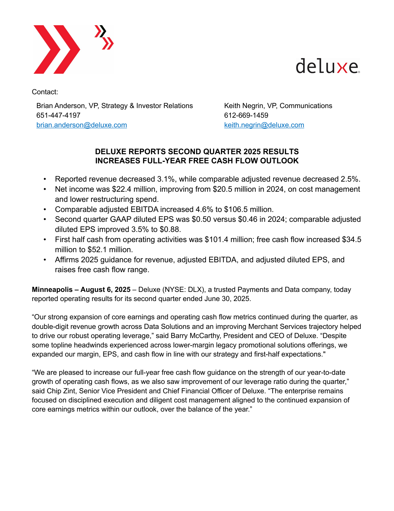 Deluxe's Q2 2025 Press Release