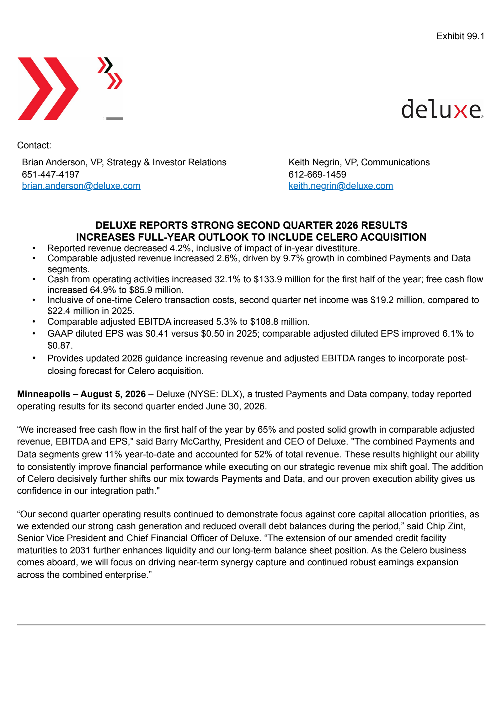 Deluxe's Q2 2026 Press Release