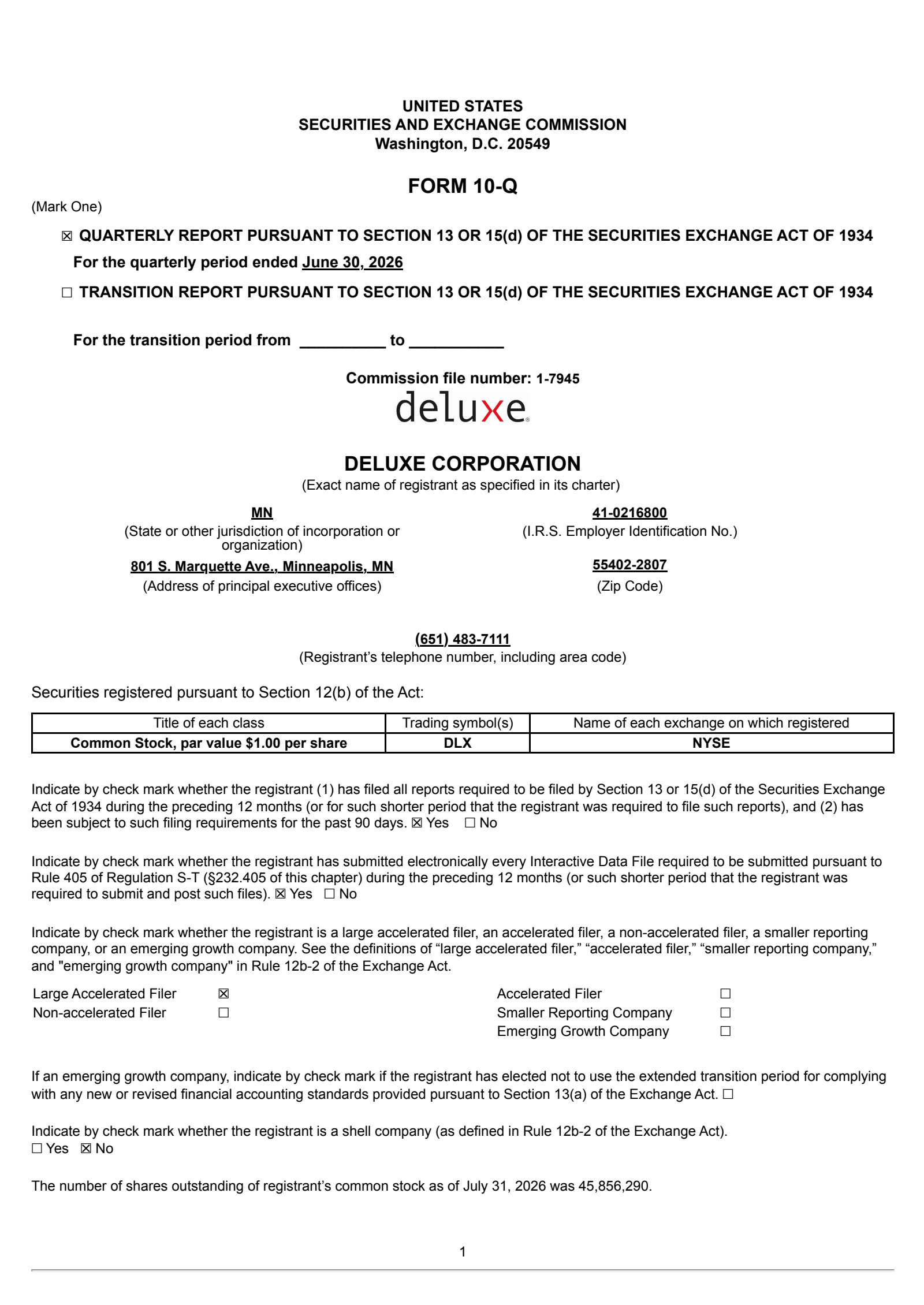 Deluxe's Q2 2026 Quarterly report