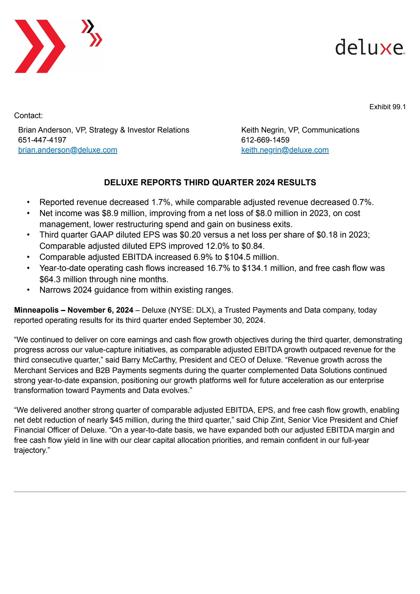 Deluxe's Q3 2024 Press Release