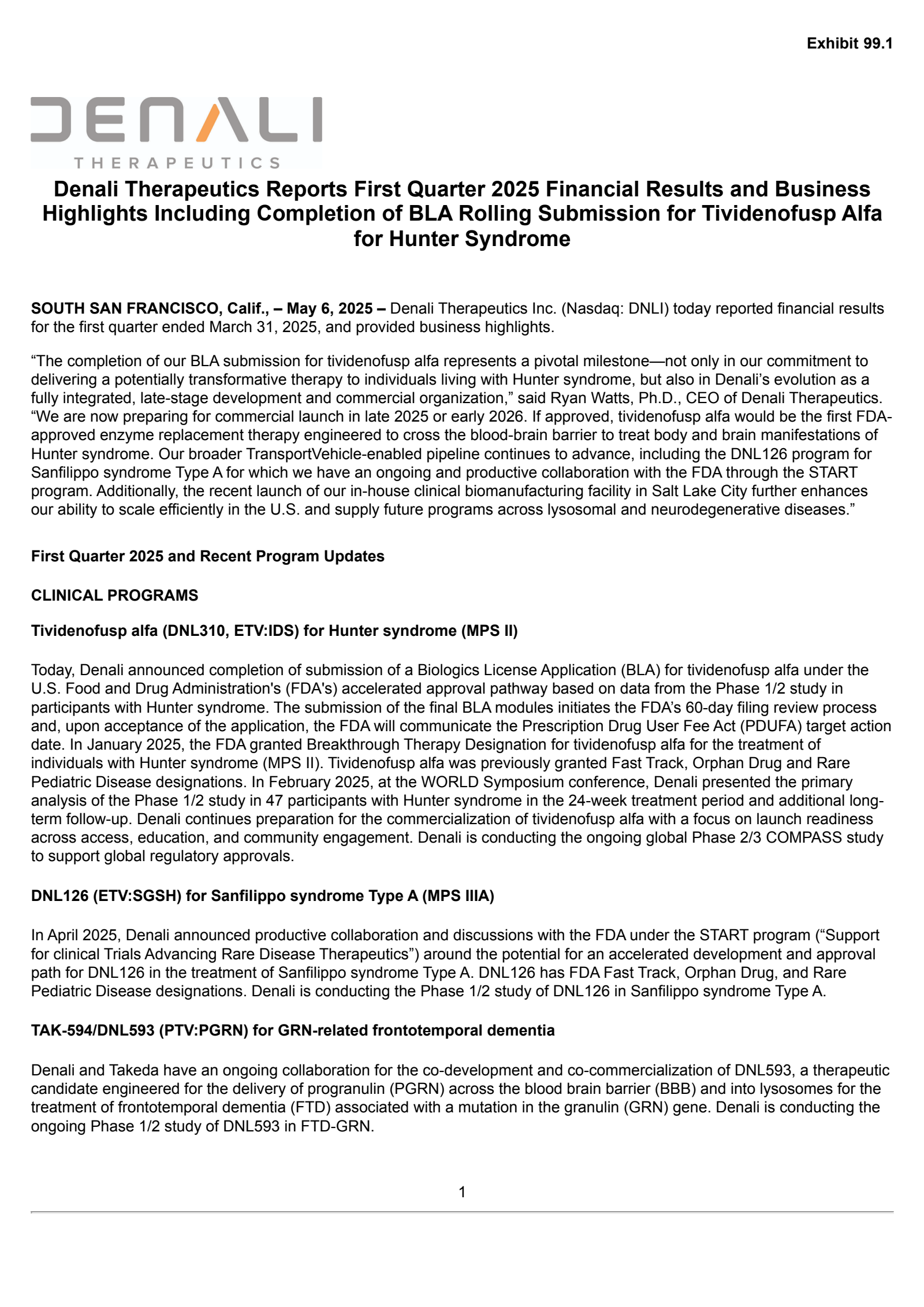 Denali Therapeutics' Q1 2025 Press Release