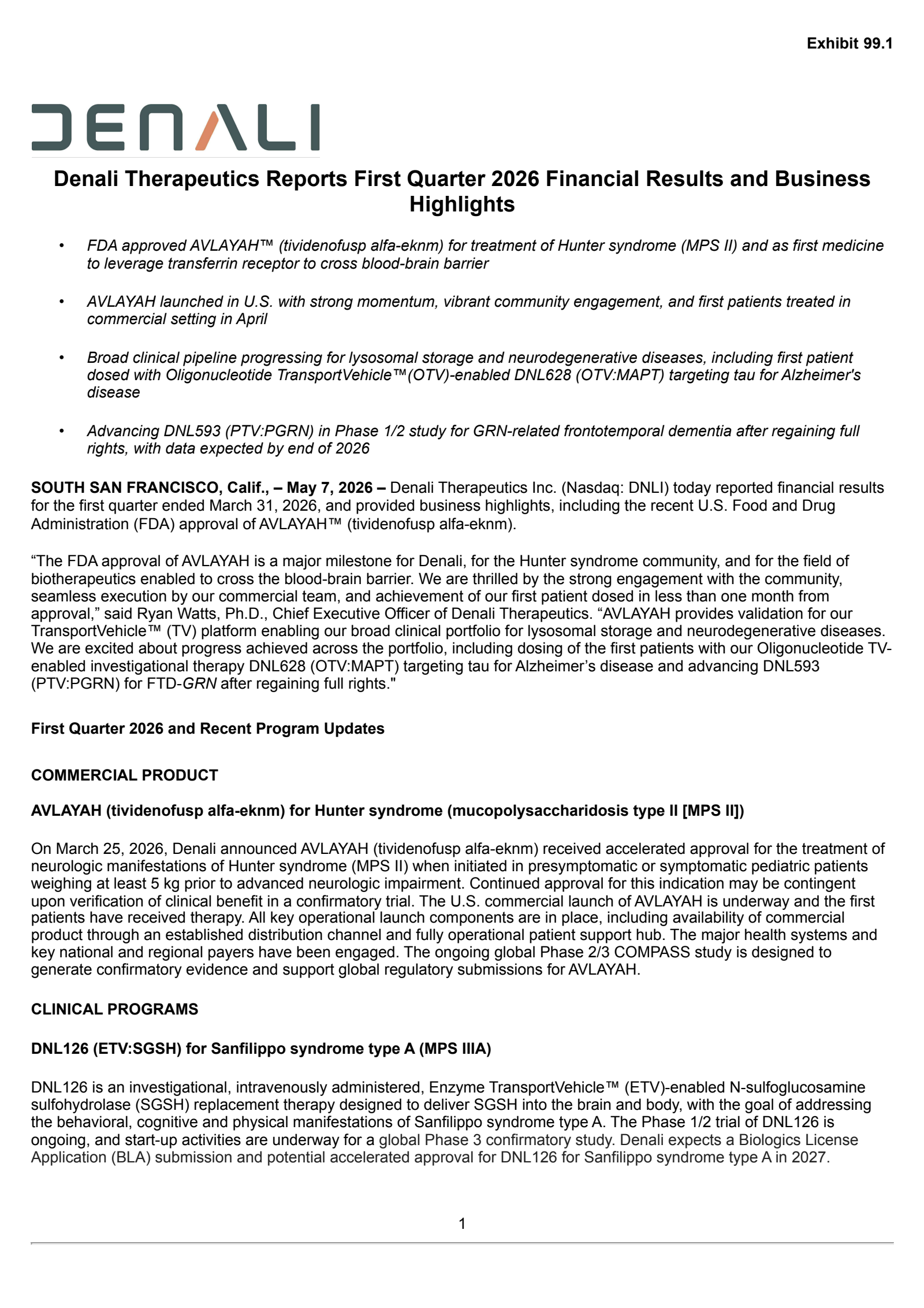 Denali Therapeutics' Q1 2026 Press Release