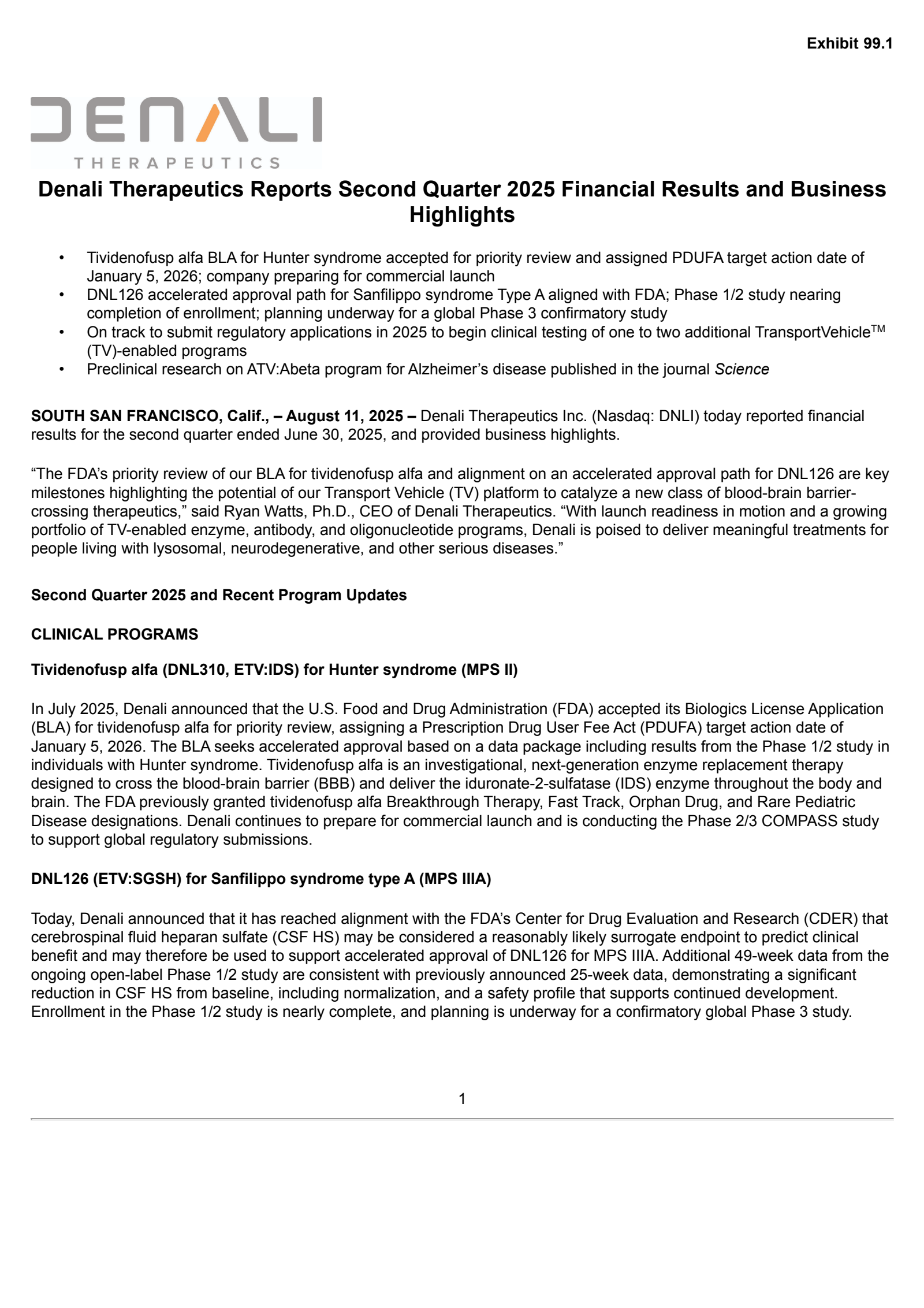 Denali Therapeutics' Q2 2025 Press Release