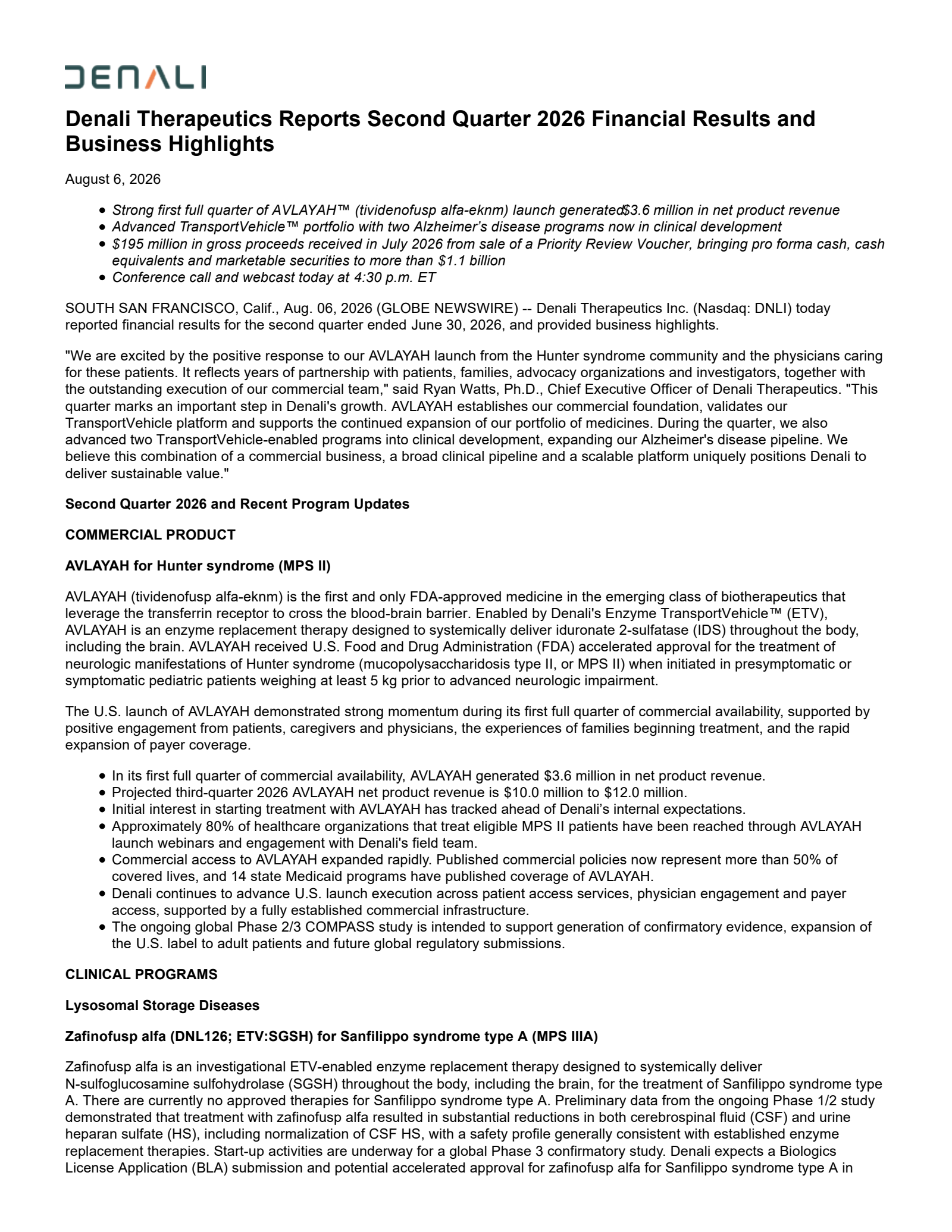 Denali Therapeutics' Q2 2026 Press Release