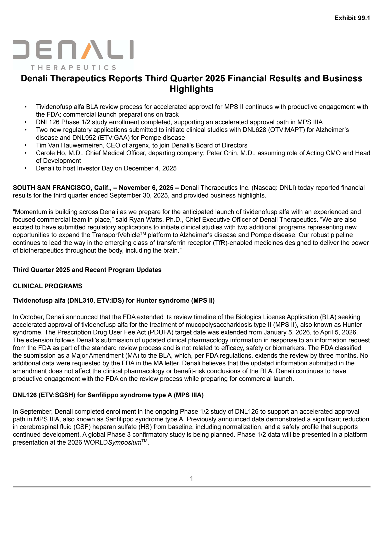 Denali Therapeutics' Q3 2025 Earnings Release