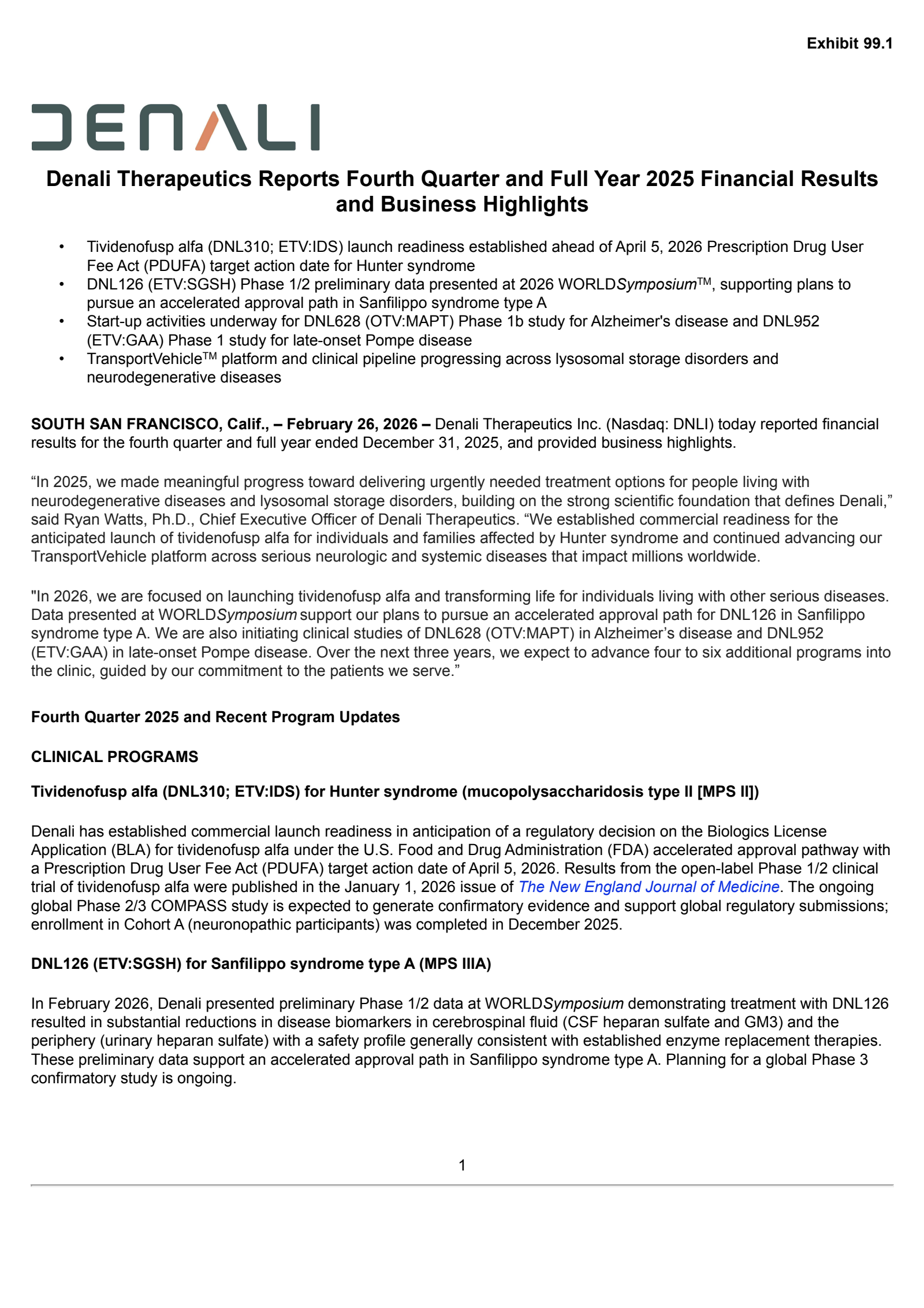 Denali Therapeutics' Q4 2025 Press Release