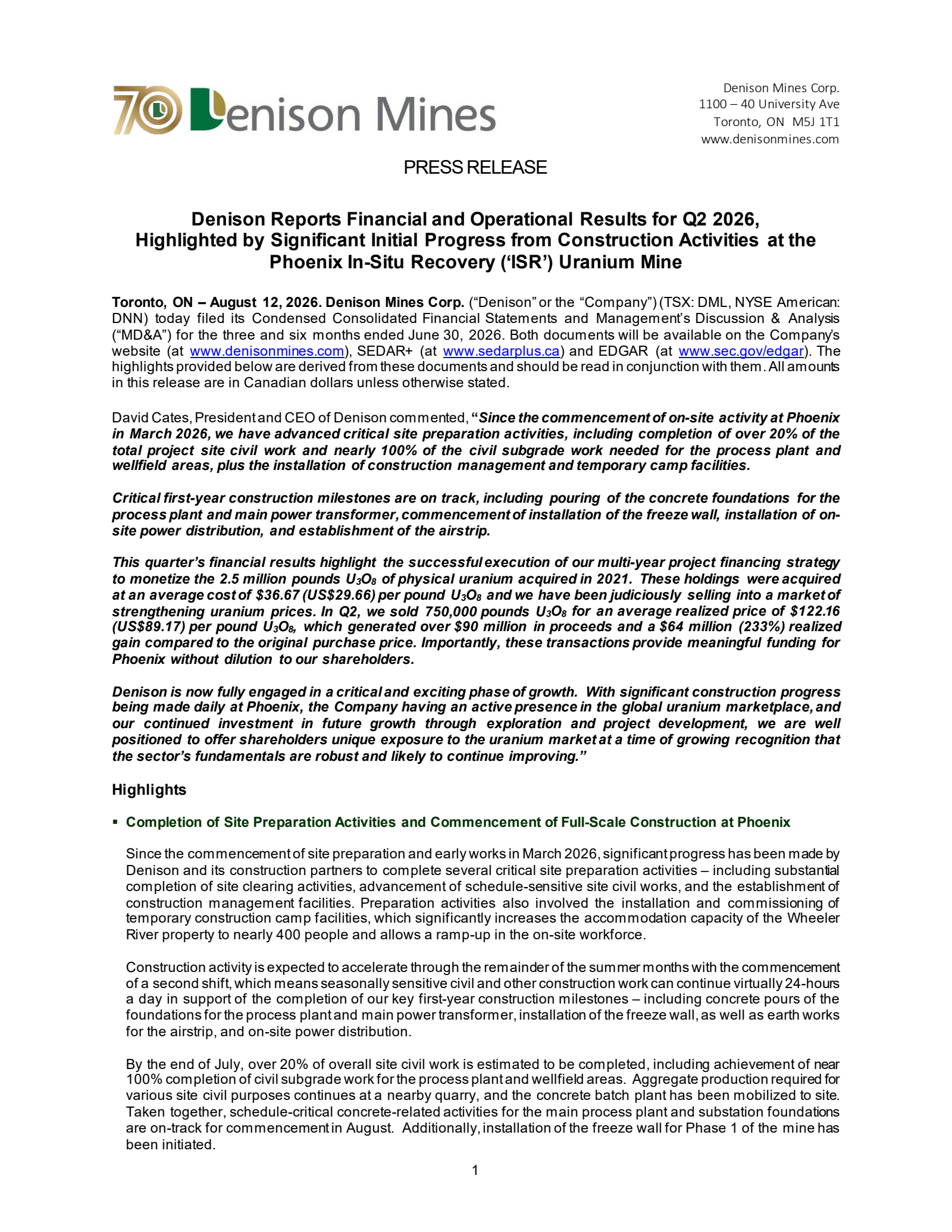 Denison Mine's Q2 2026 Press Release