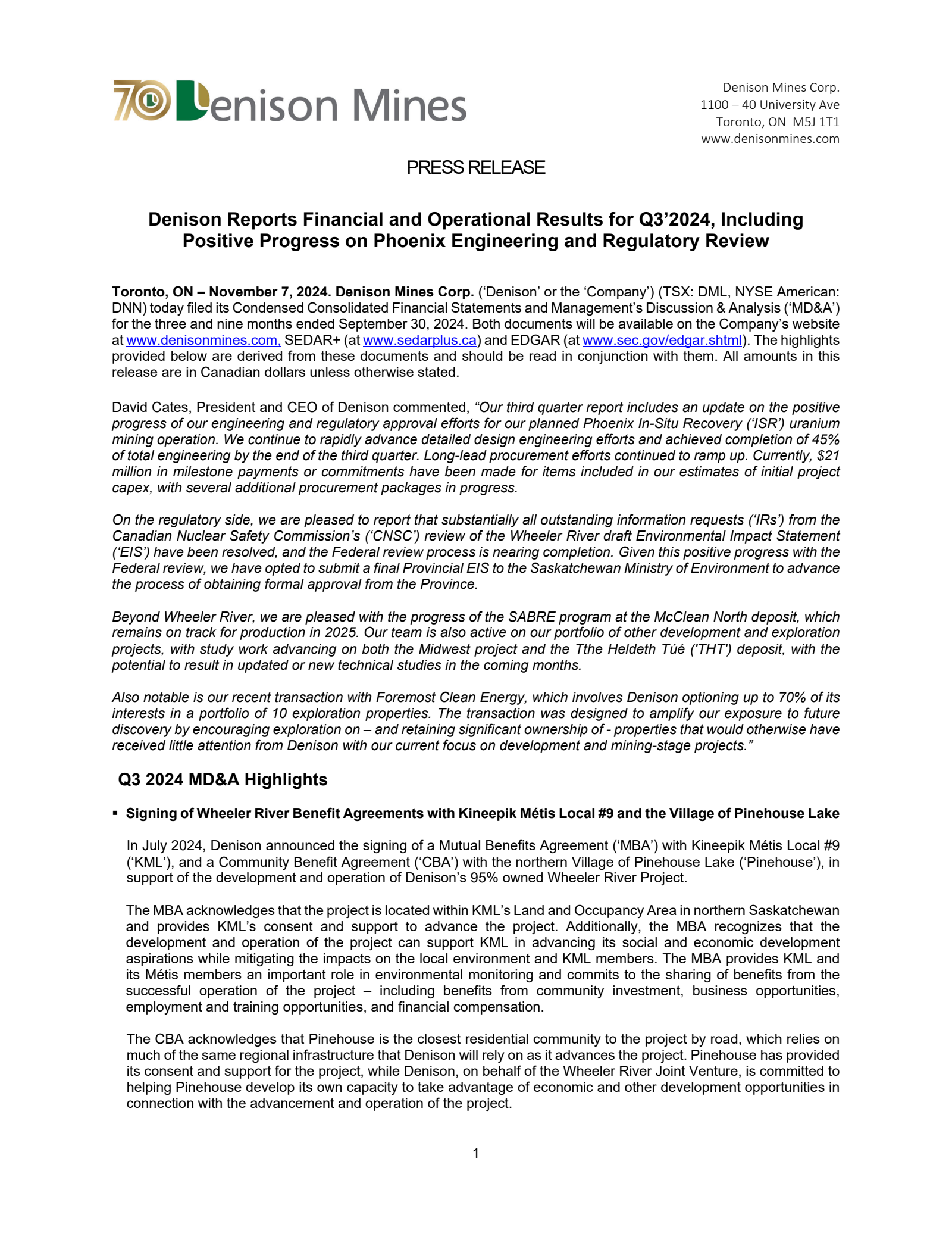 Denison Mine's Q3 2024 Earnings Release