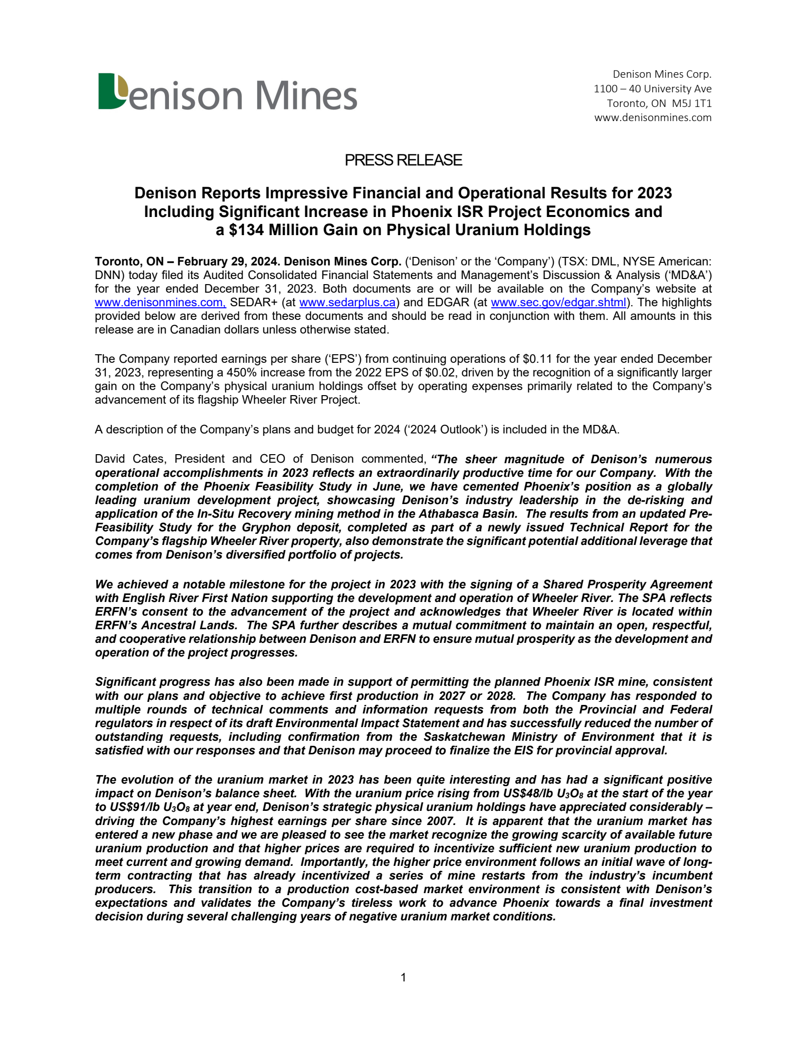 Denison Mine's Q4 2023 Earnings Release