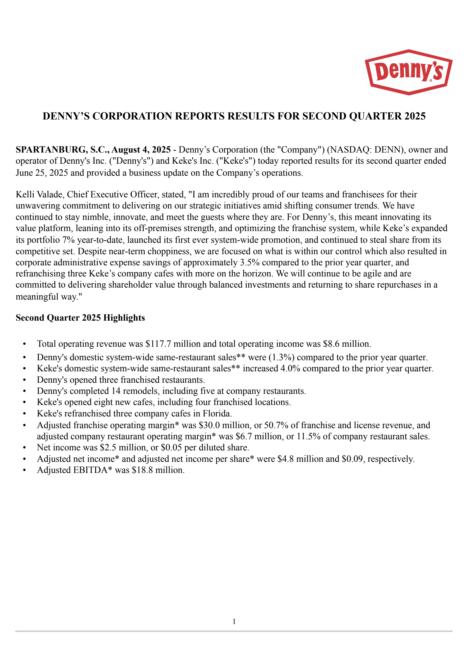 Denny's' Q2 2025 Press Release