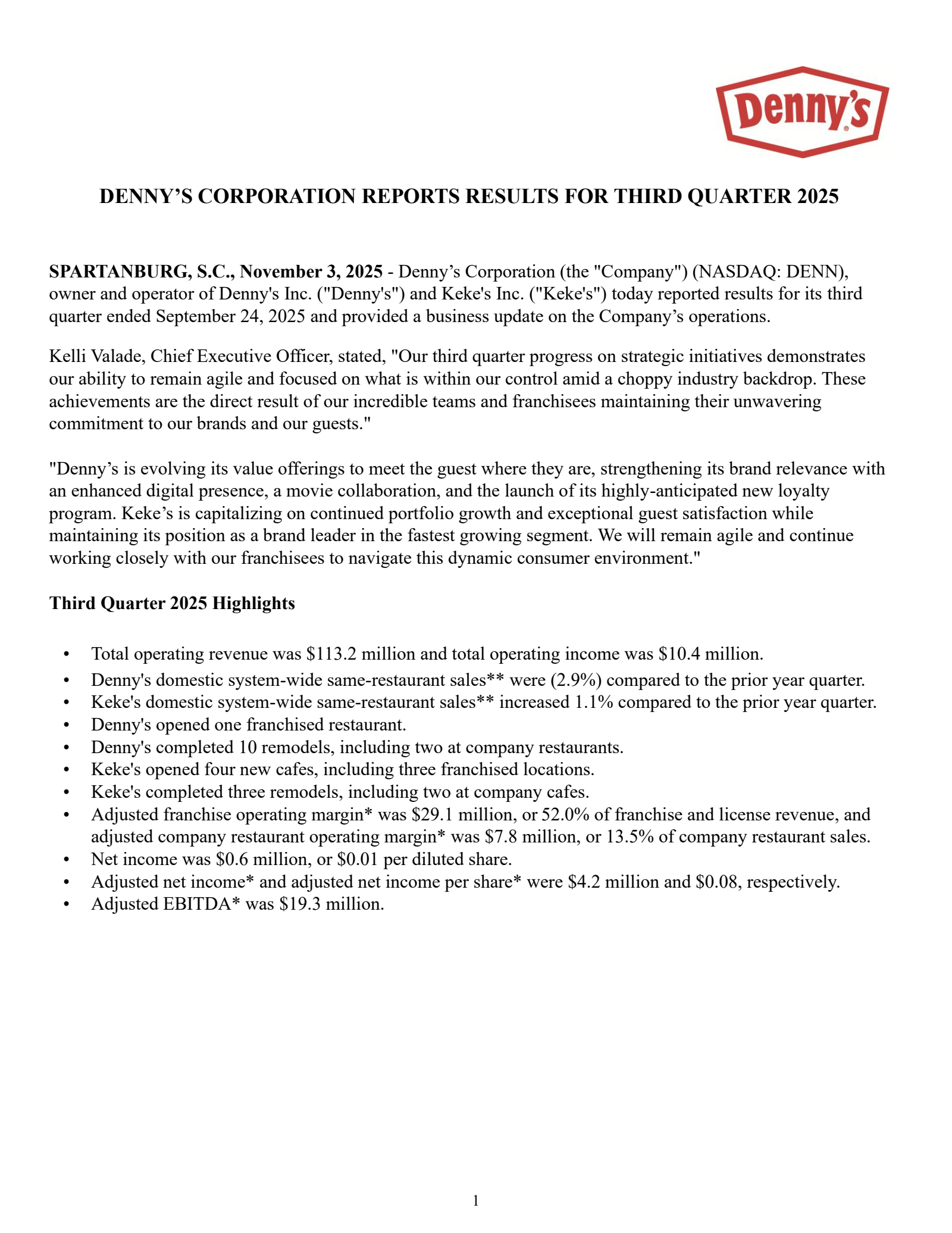 Denny's' Q3 2025 Earnings Release