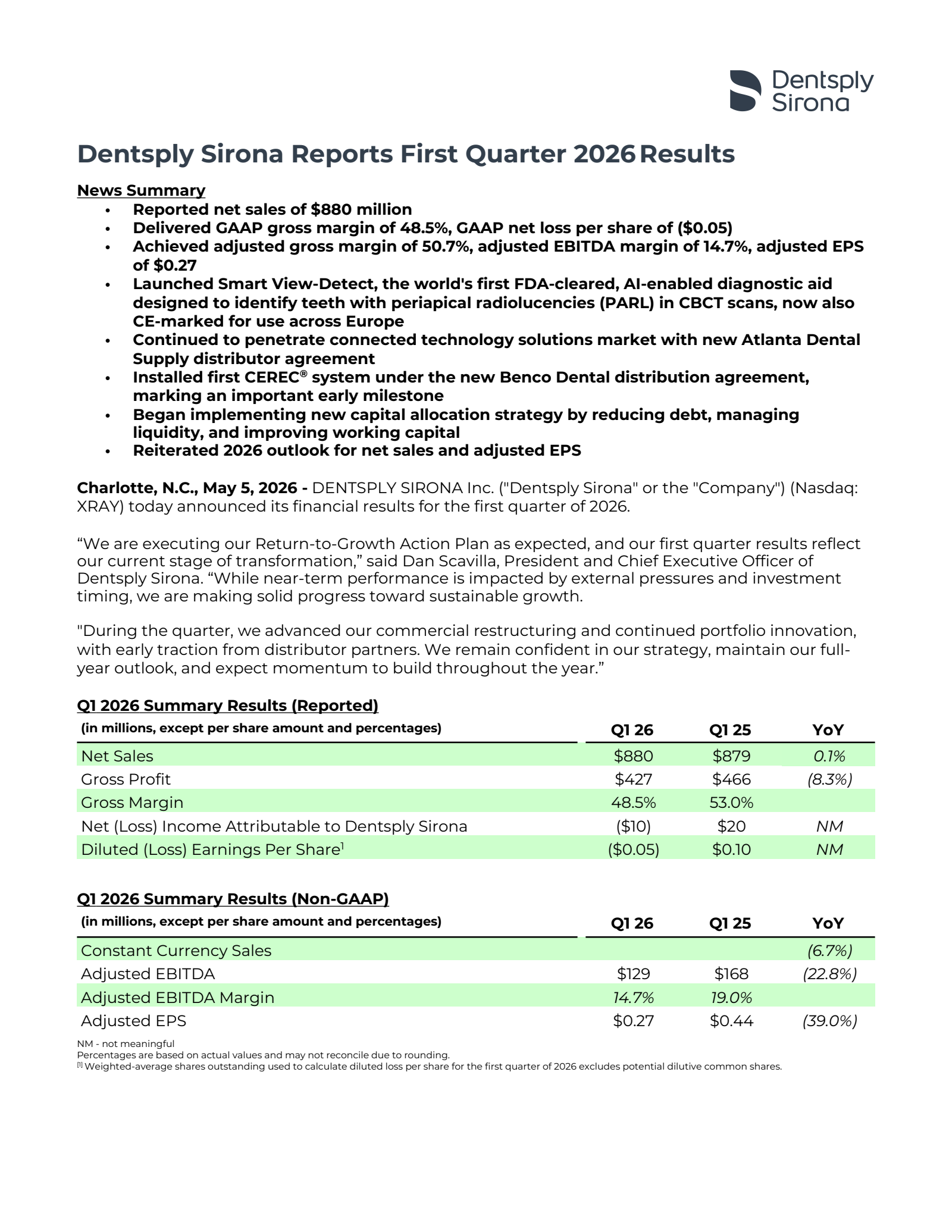 DENTSPLY SIRONA's Q1 2026 Press Release