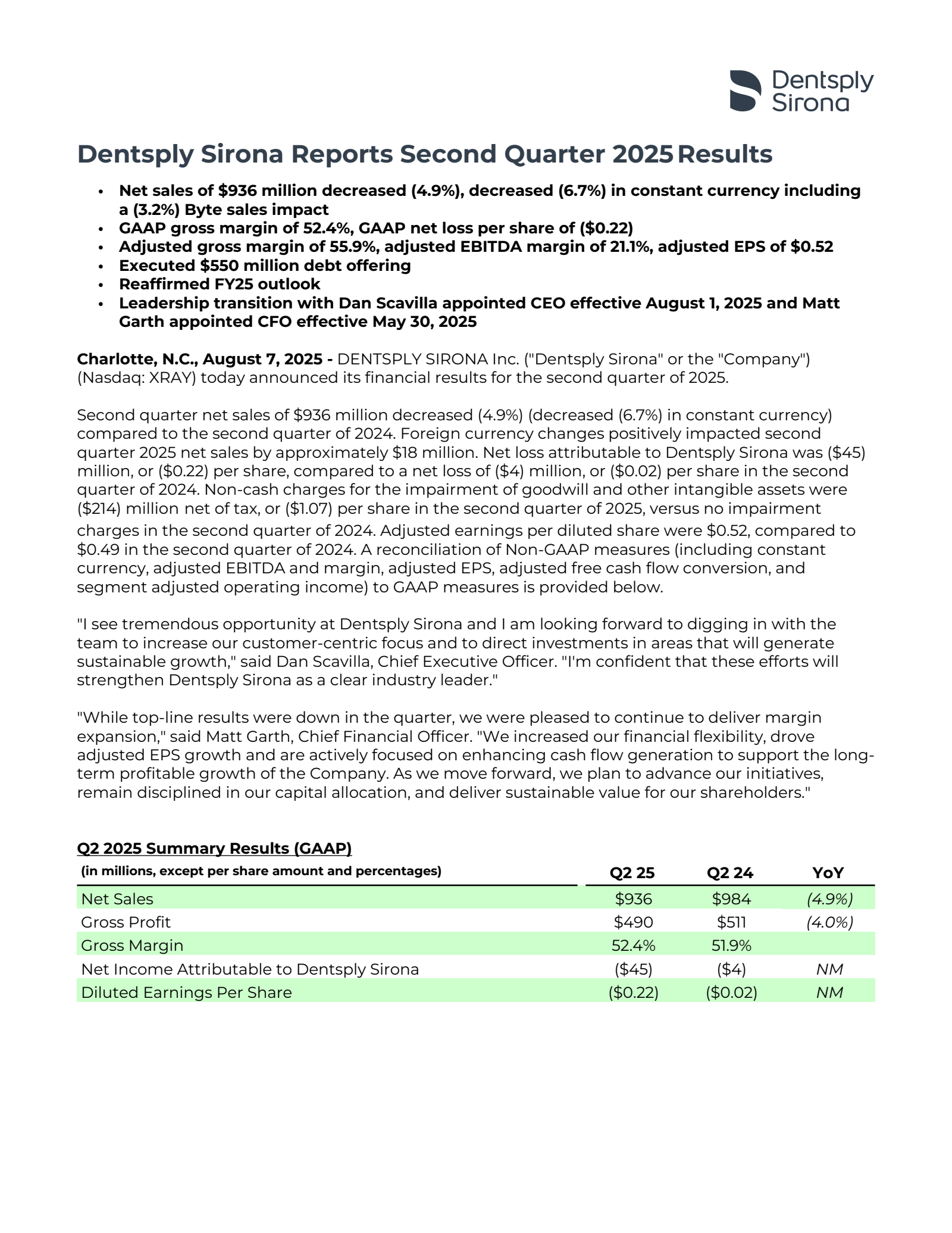 DENTSPLY SIRONA's Q2 2025 Press Release