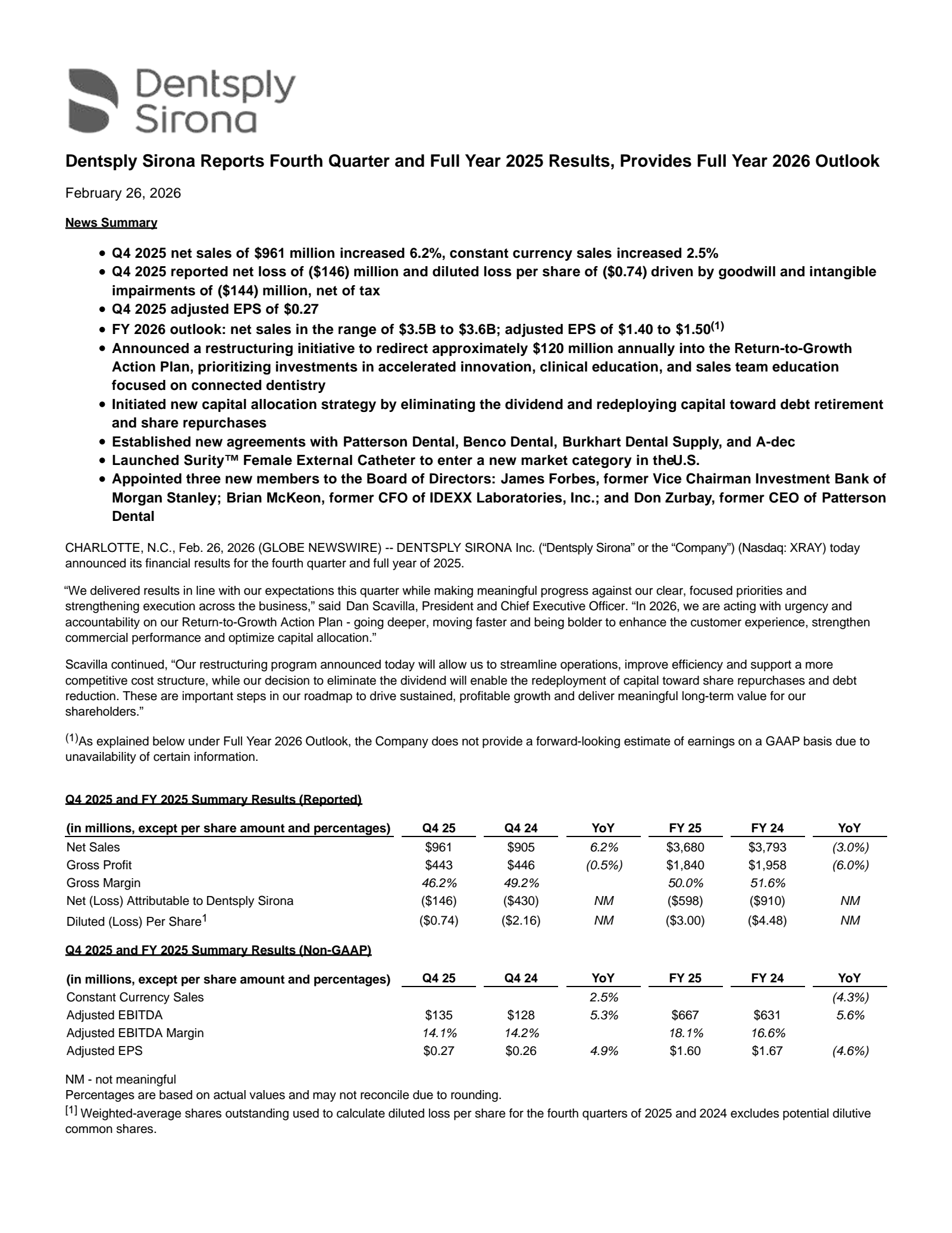 DENTSPLY SIRONA's Q4 2025 Press Release