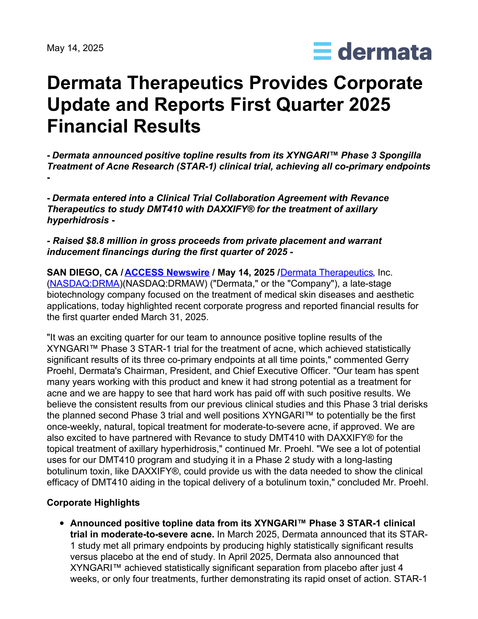 Dermata Therapeutics' Q1 2025 Press Release