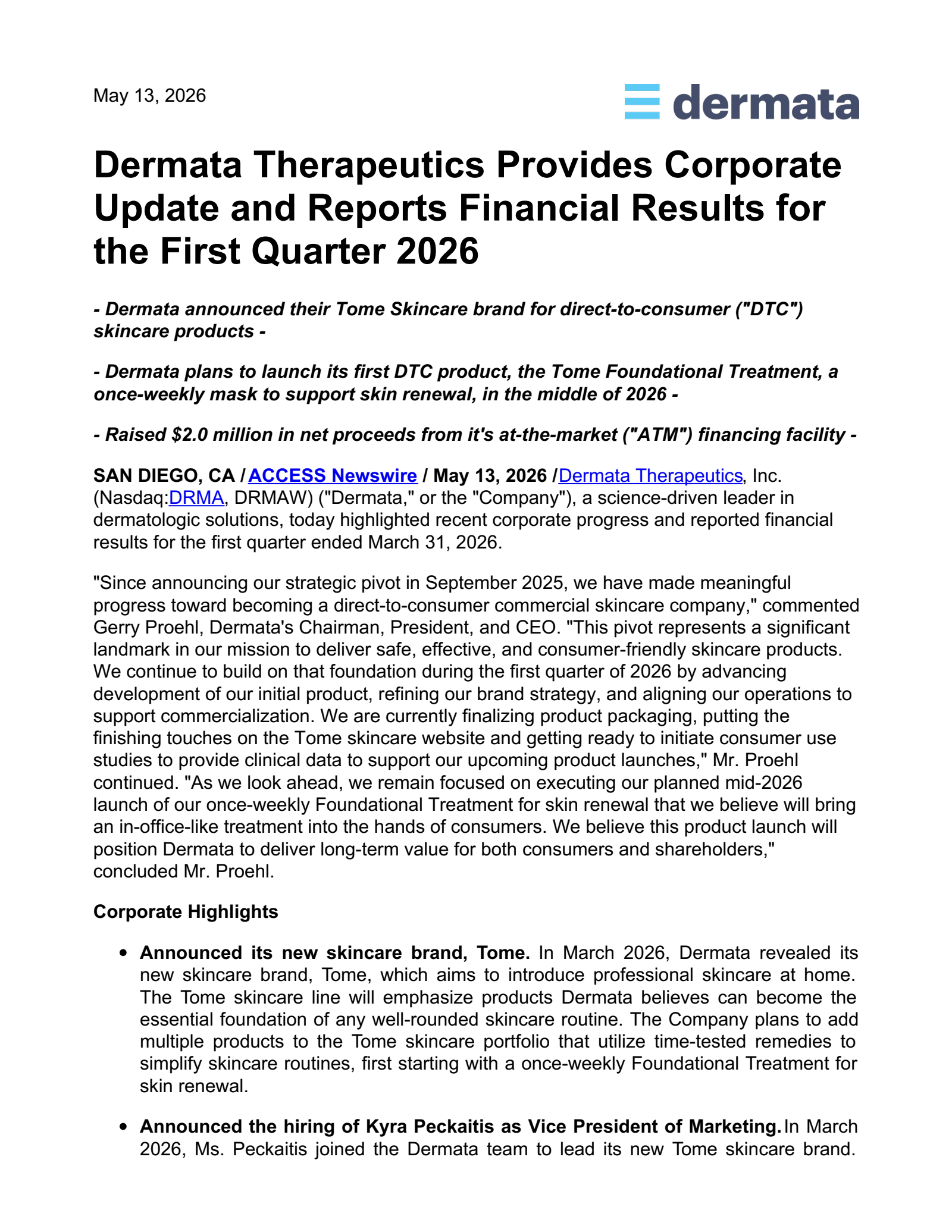 Dermata Therapeutics' Q1 2026 Press Release