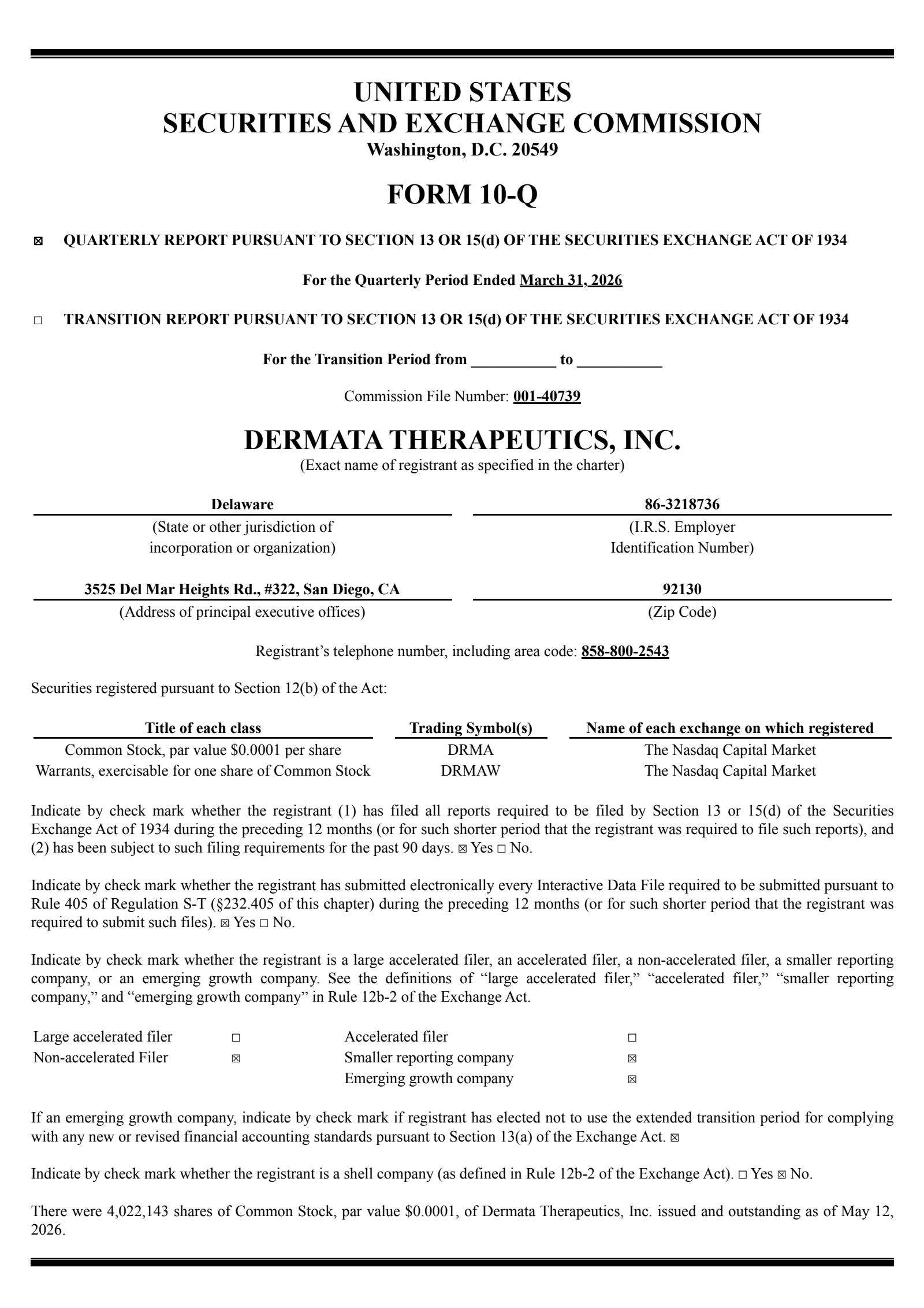 Dermata Therapeutics' Q1 2026 Quarterly report