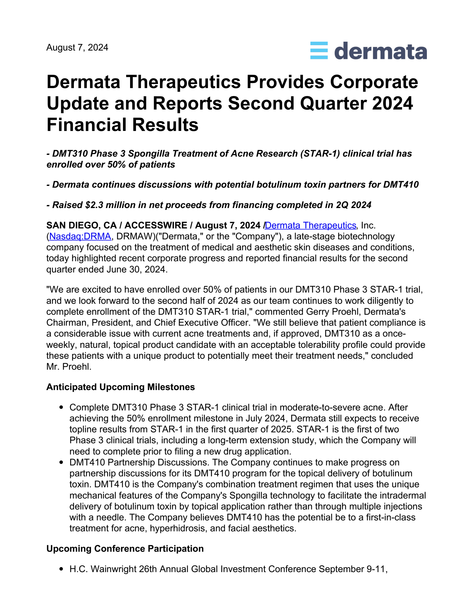 Dermata Therapeutics' Q2 2024 Press Release