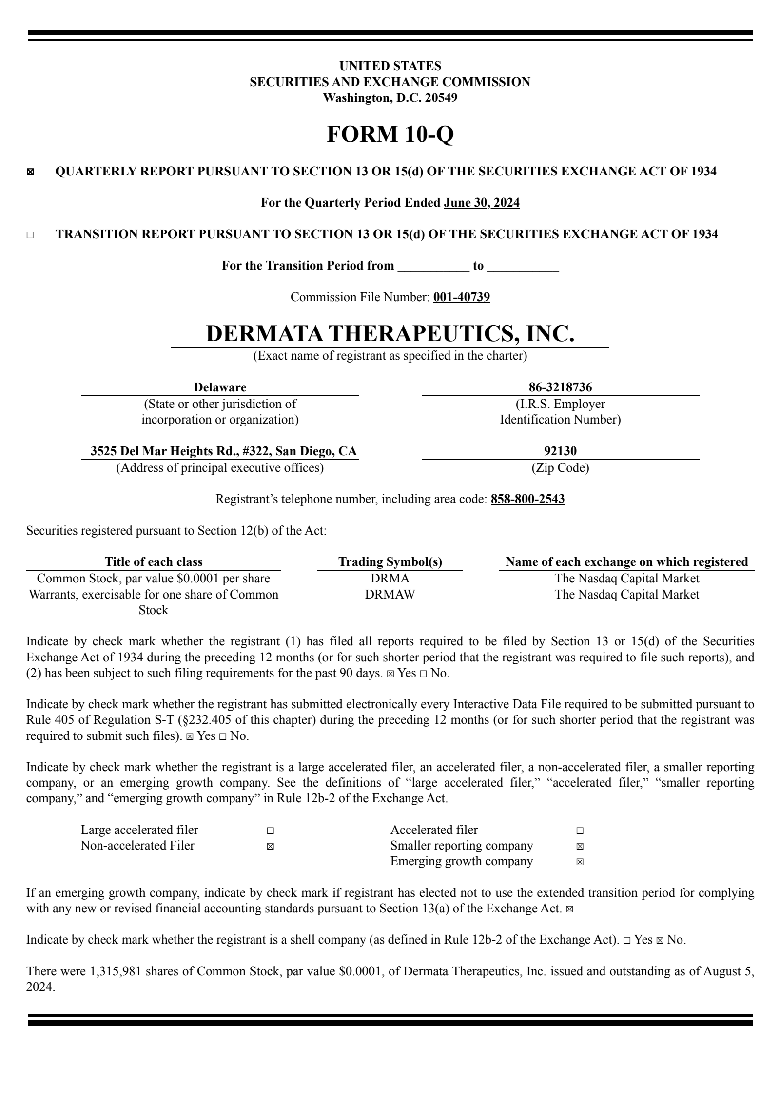 Dermata Therapeutics' Q2 2024 Quarterly report