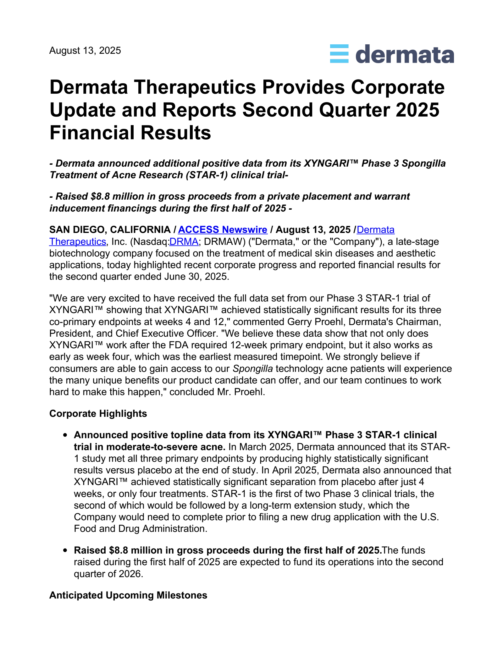 Dermata Therapeutics' Q2 2025 Press Release