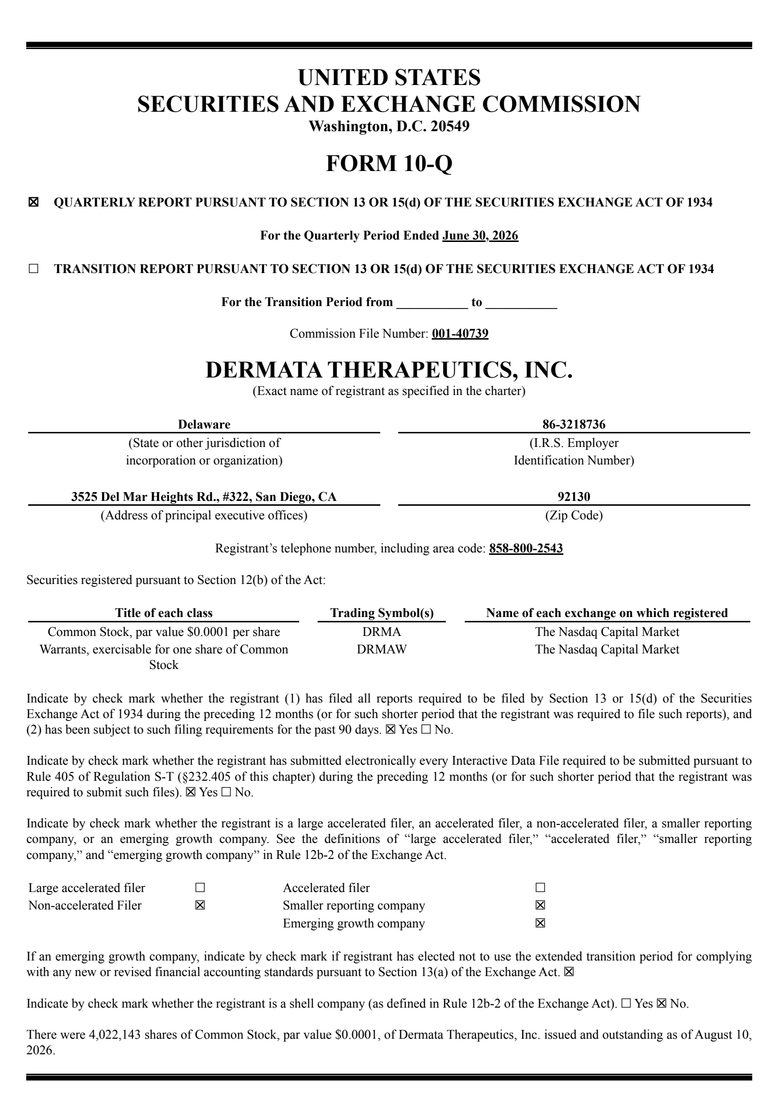 Dermata Therapeutics' Q2 2026 Quarterly report