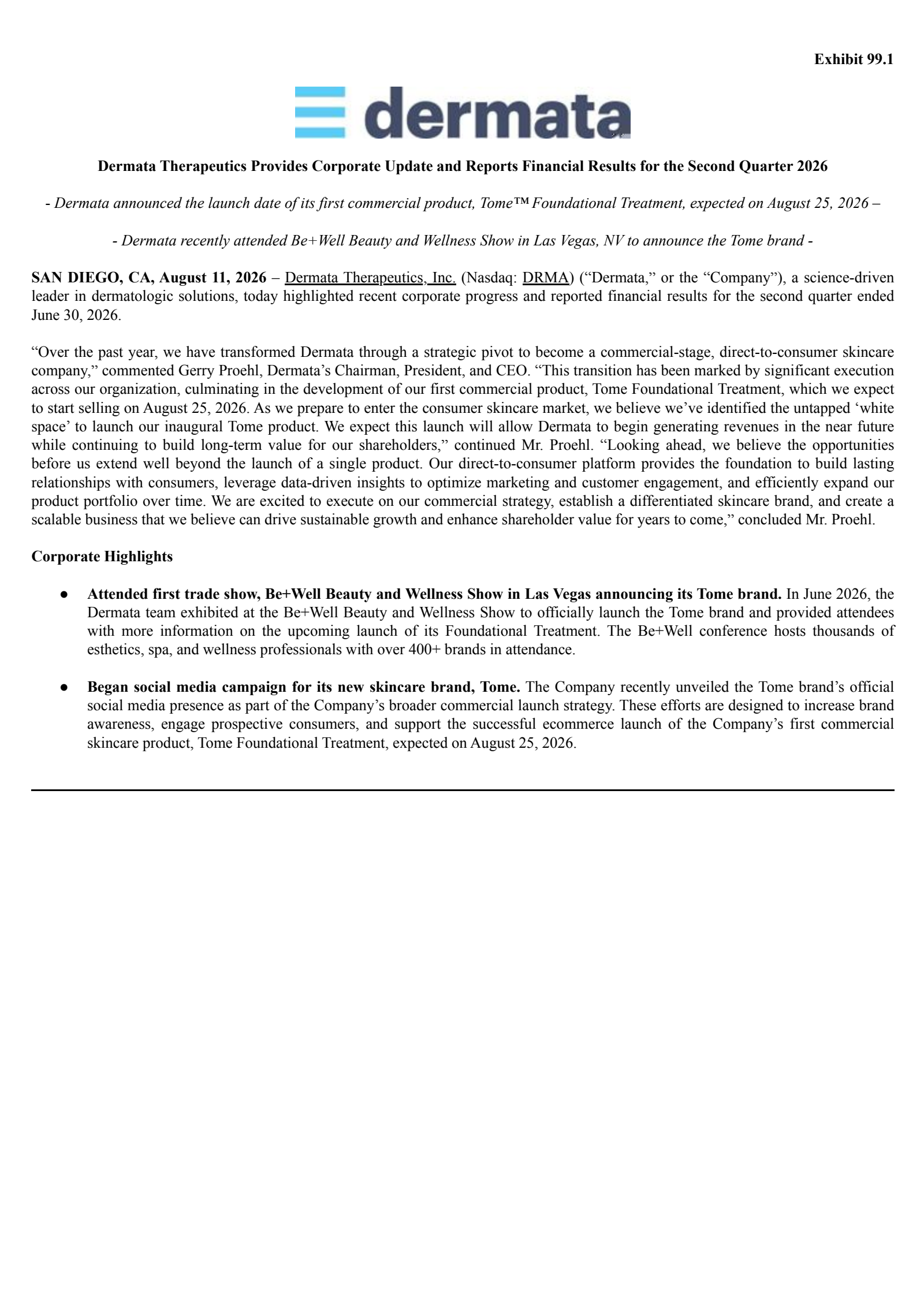 Dermata Therapeutics' Q2 2026 Press Release