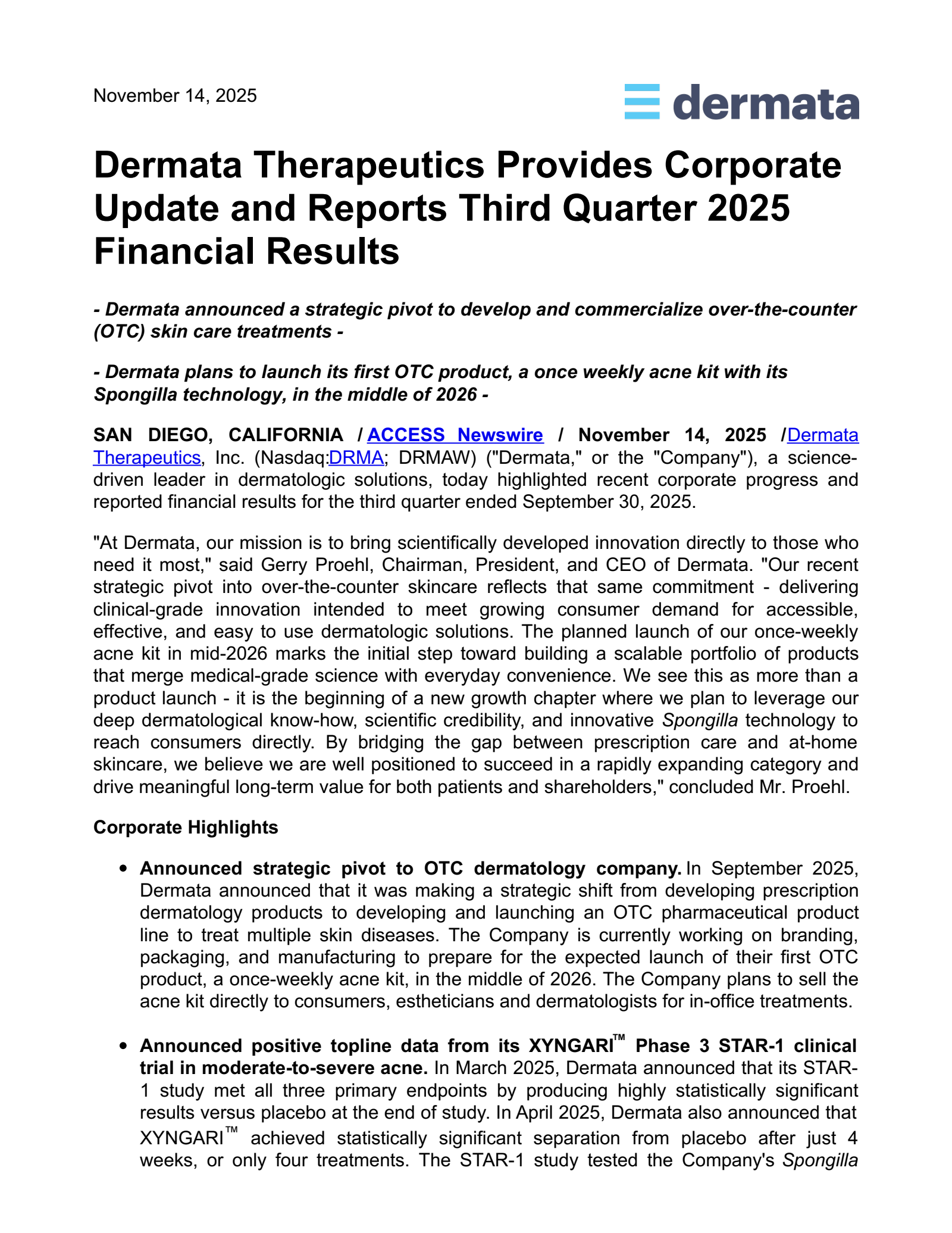 Dermata Therapeutics' Q3 2025 Press Release