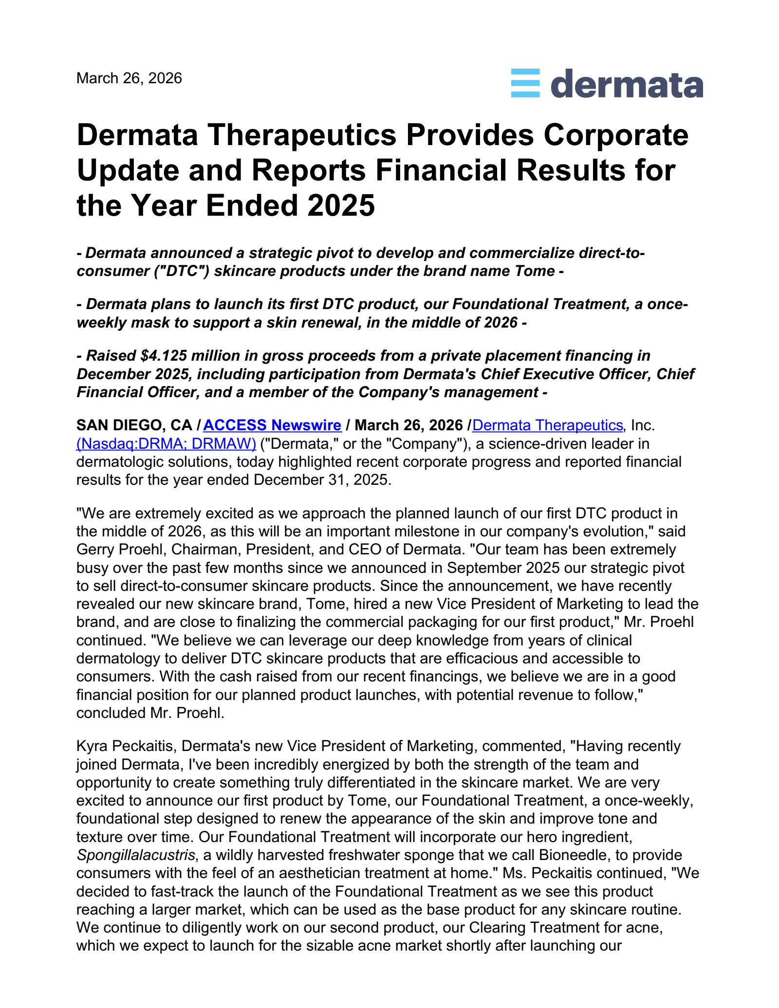 Dermata Therapeutics' Q4 2025 Press Release