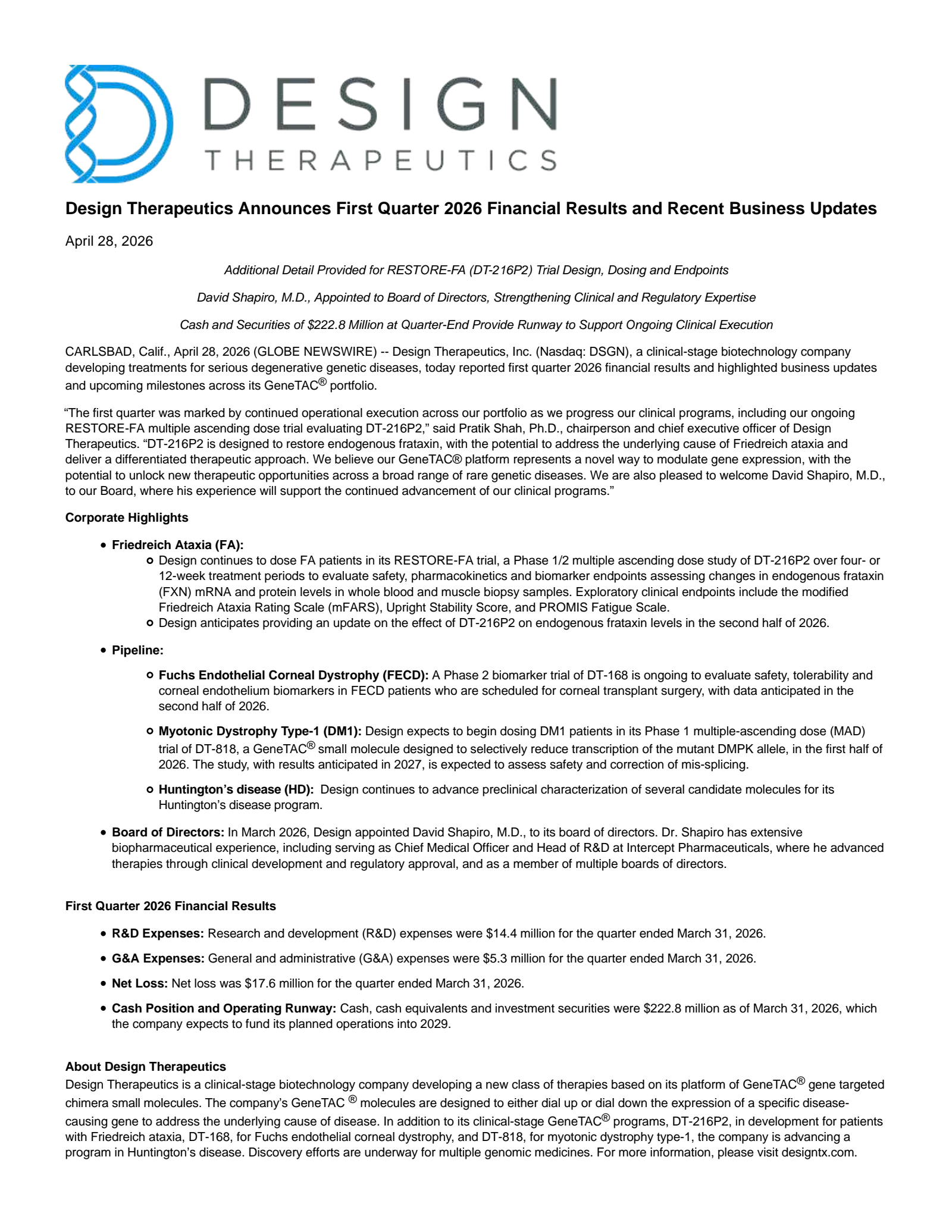 Design Therapeutics' Q1 2026 Press Release
