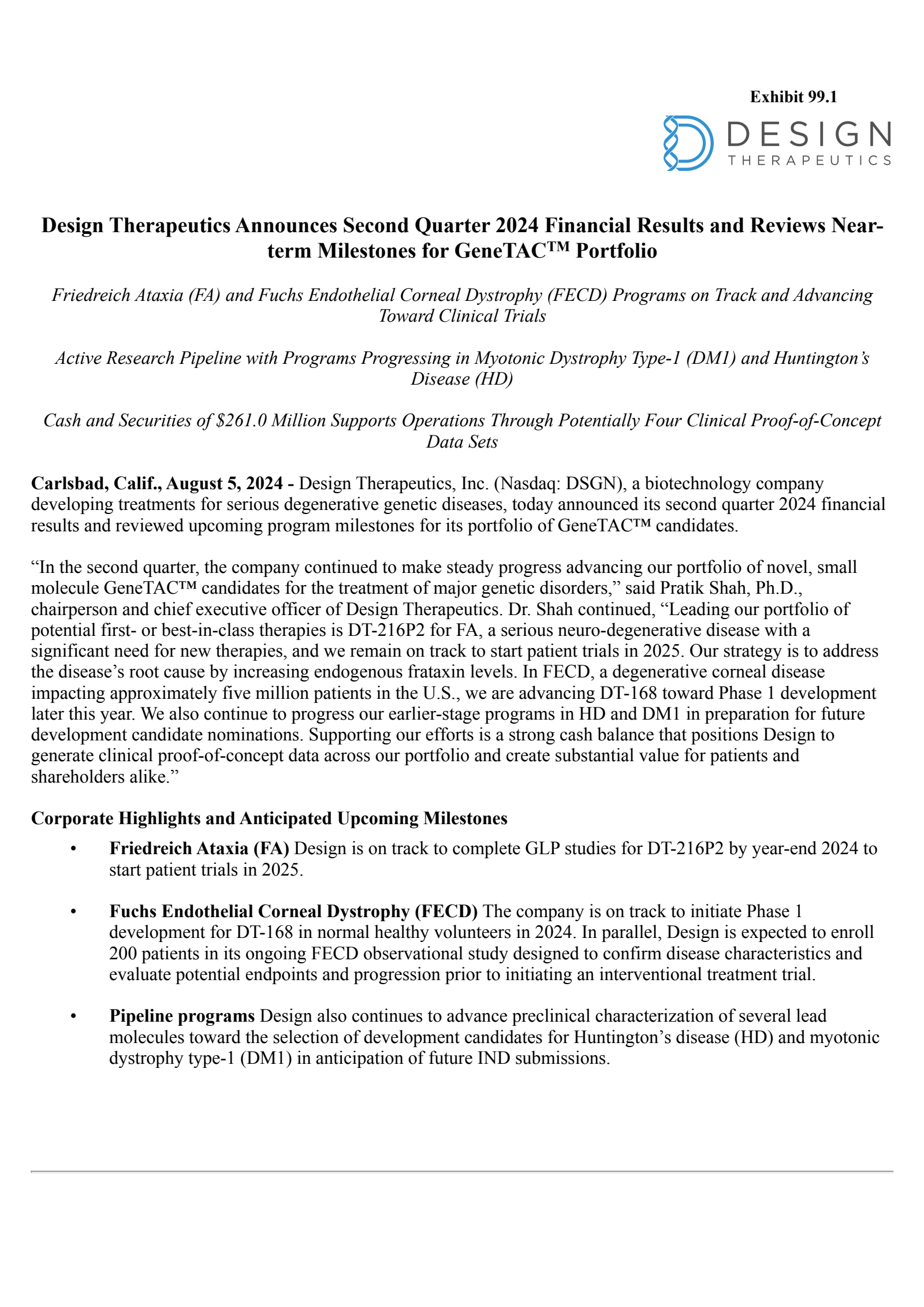 Design Therapeutics' Q2 2024 Press Release