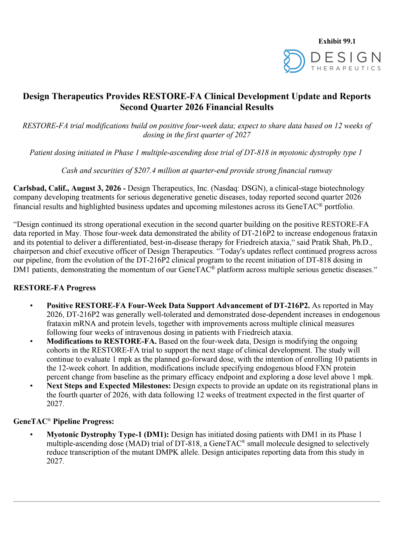 Design Therapeutics' Q2 2026 Press Release