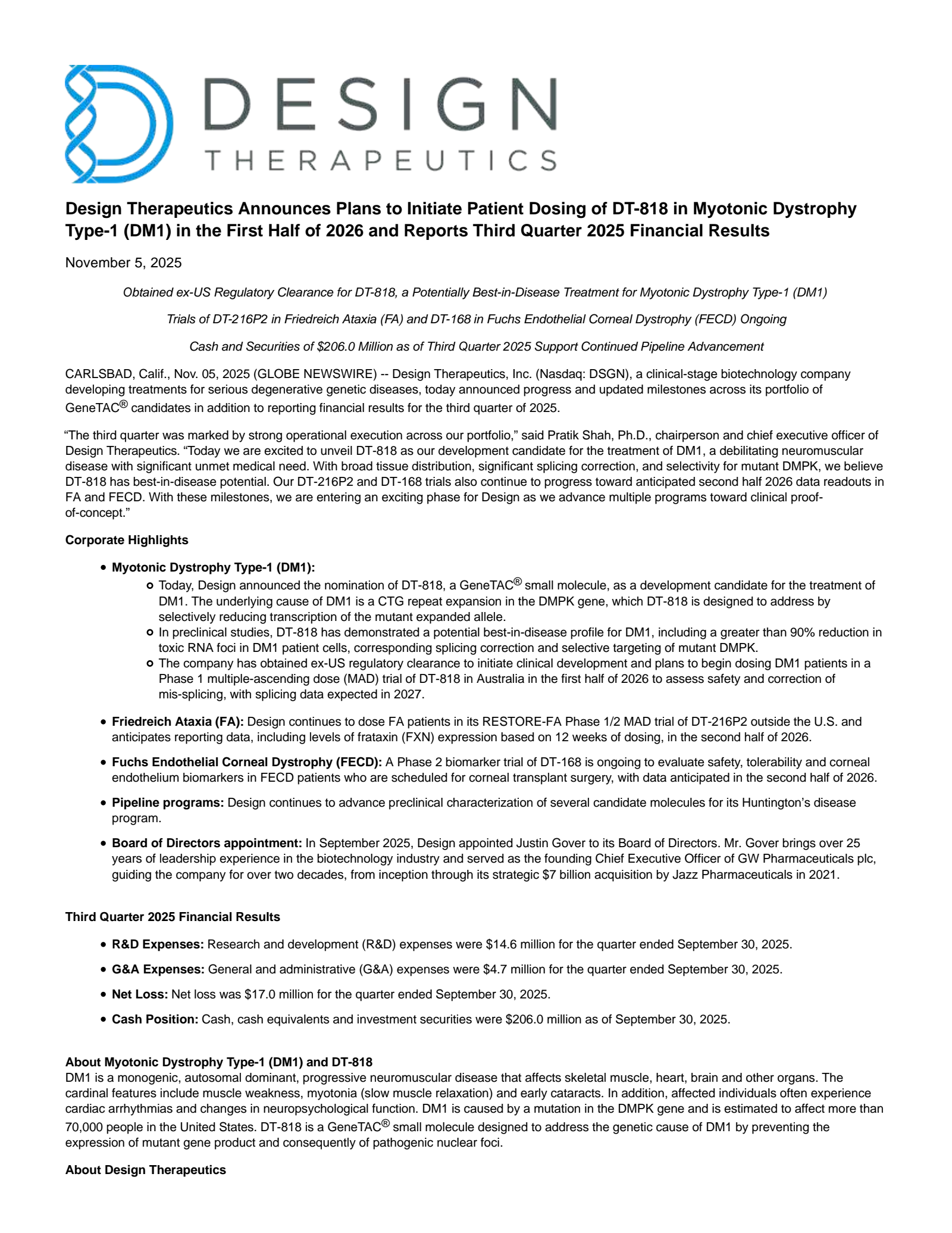 Design Therapeutics' Q3 2025 Earnings Release