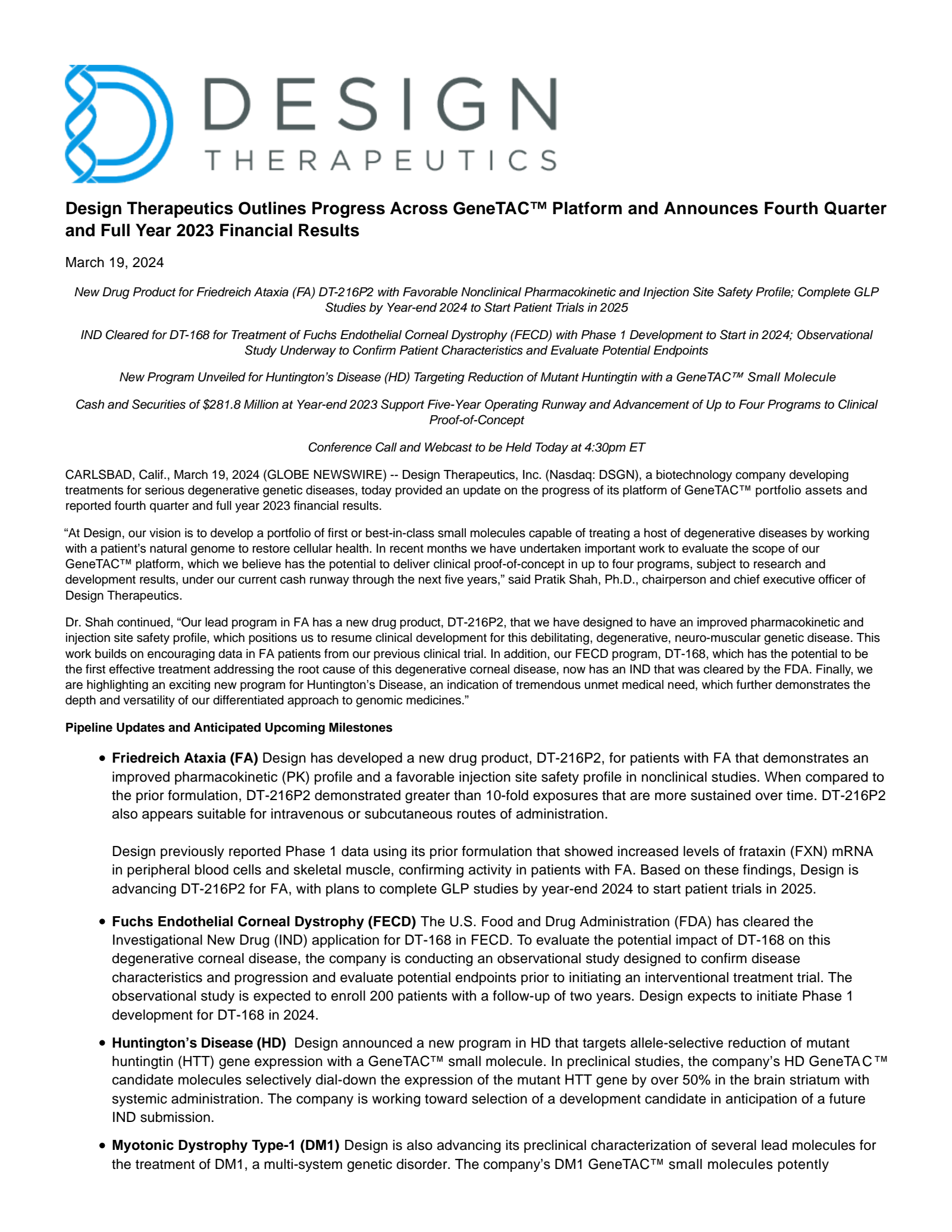 Design Therapeutics' Q4 2023 Press Release