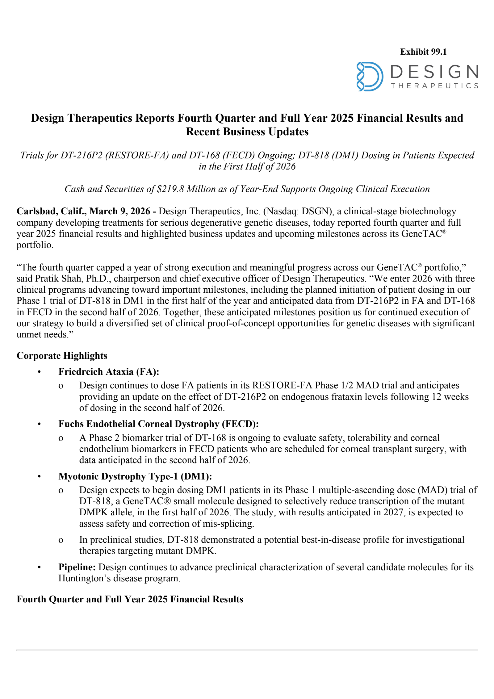 Design Therapeutics' Q4 2025 Press Release