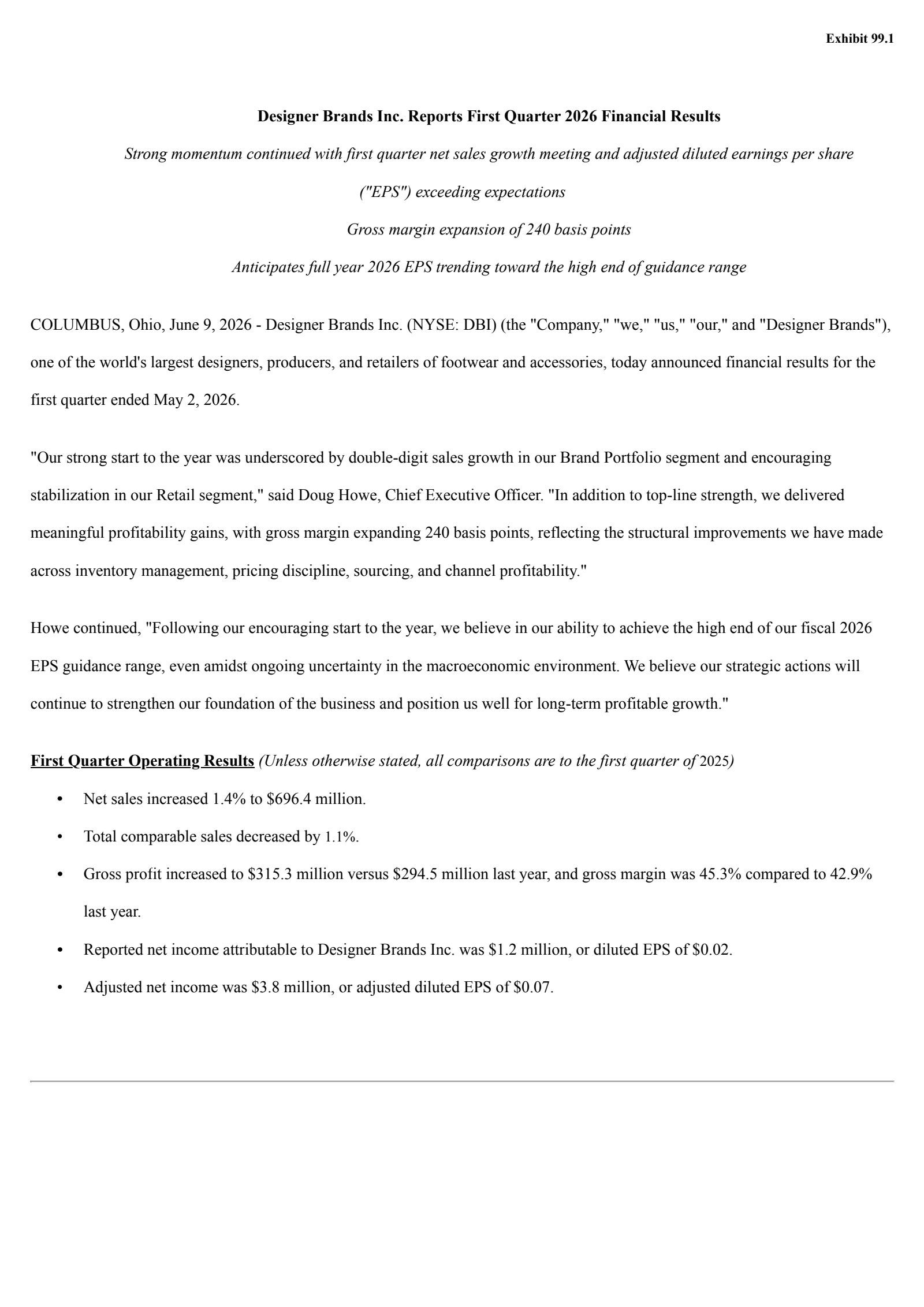Designer Brands' Q1 2027 Press Release