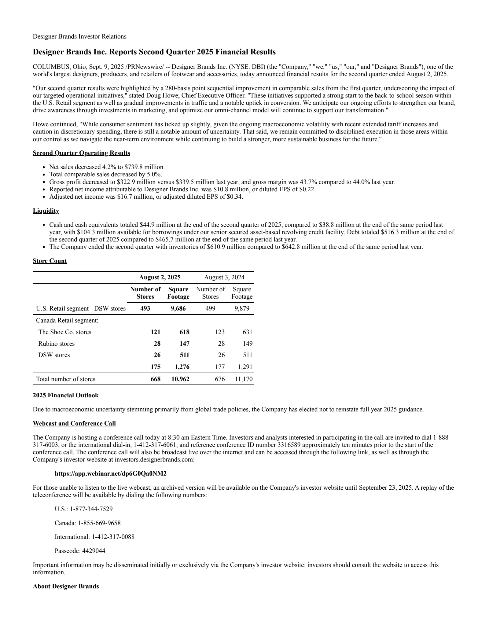 Designer Brands' Q2 2026 Press Release
