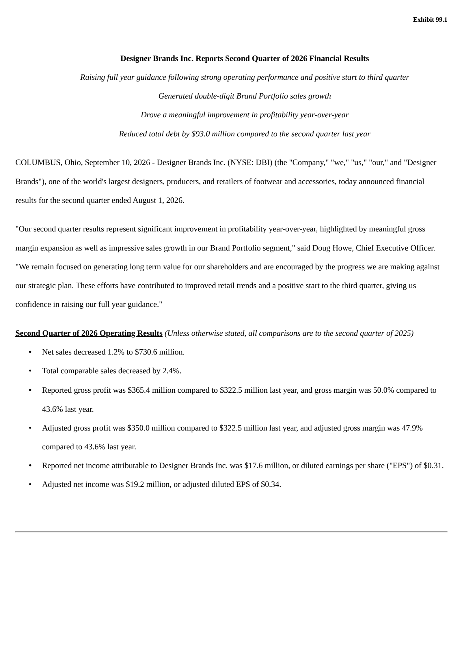 Designer Brands' Q2 2027 Press Release