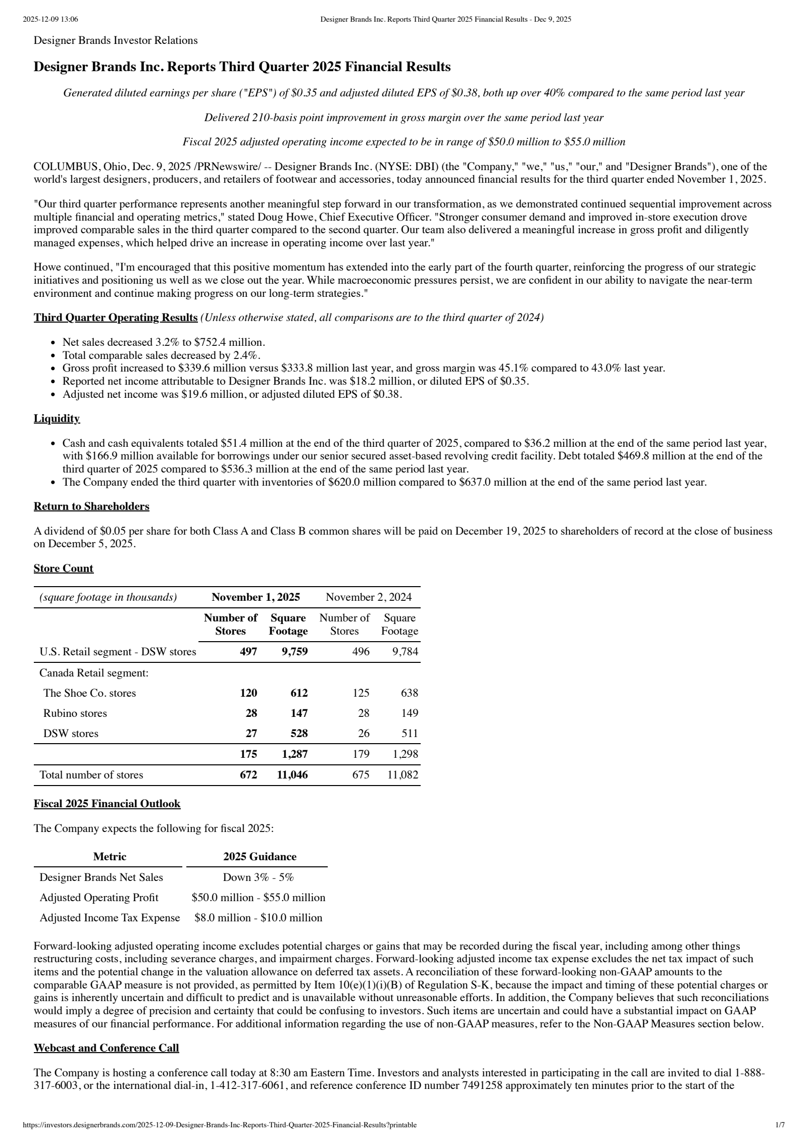 Designer Brands' Q3 2026 Earnings Release