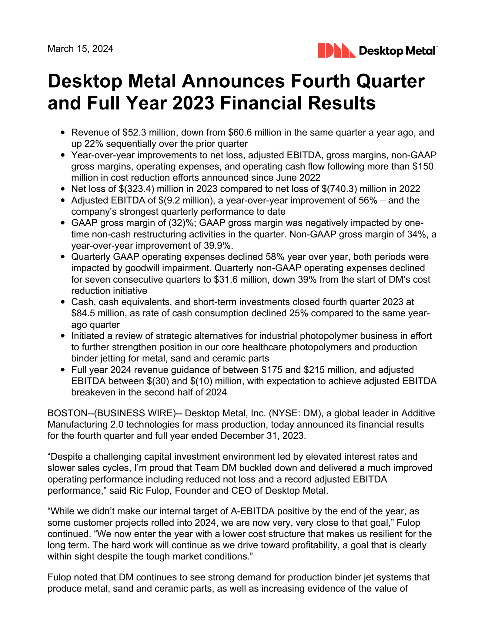 Desktop Metal's Q4 2023 Press Release